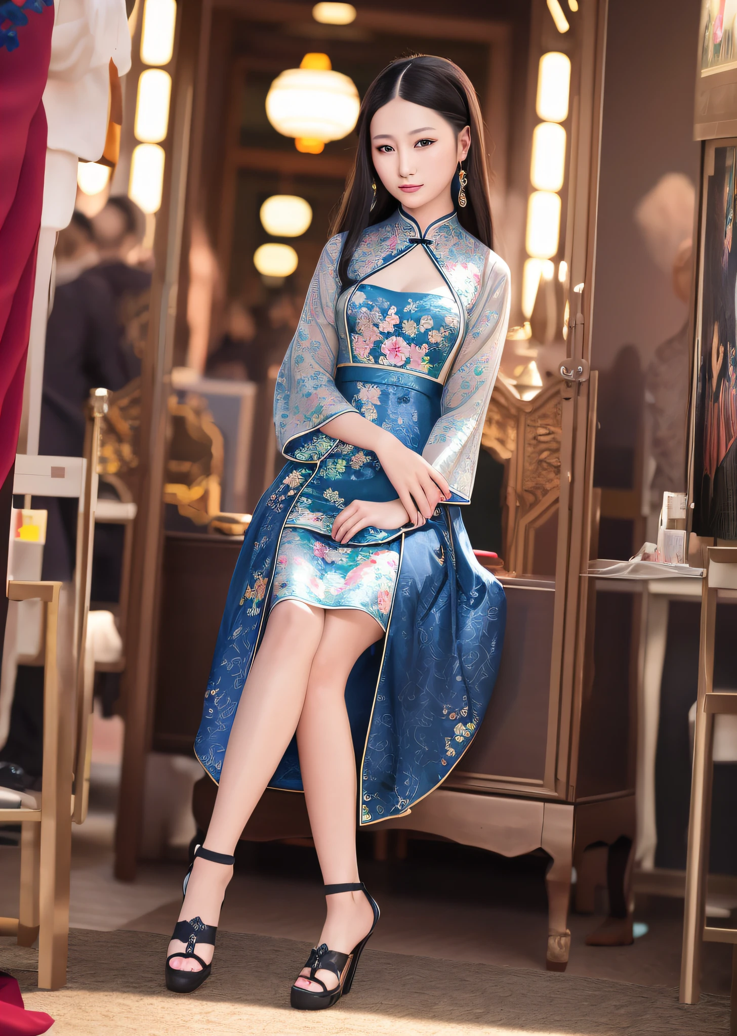Mona Lisa Dressed in Chinese Cheongsam,, Gentle Expression, Full Body Portrait, Shoes, Catwalk, Masterpiece, Highest Quality, High Quality, Highly Detailed CG Unit 8k Wallpaper, Award Winning Photo, Bokeh, Depth of Field, HDR, Flood, Chromatic Aberration, Realistic, Very Detailed, Art Station Trend, CGsociety Trend, Complex, High Detail, Dramatic, Midway Art, Volumetric Lighting