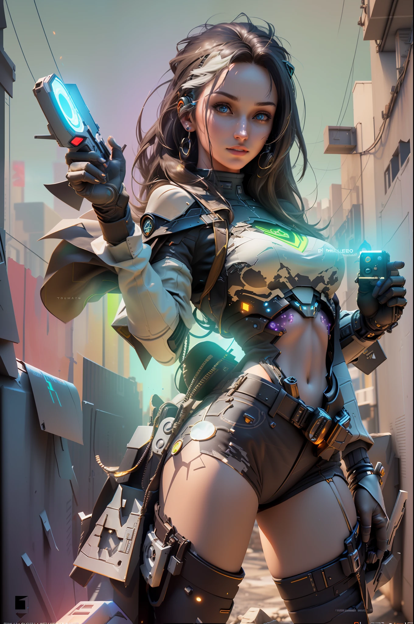 (Best Quality), ((Masterpiece), (Detail: 1.4), 3D, A Beautiful Cyberpunk Female Image with Two Guns, HDR (High Dynamic Range), Ray Tracing, NVIDIA RTX, Super-Resolution, Unreal 5, Subsurface Scattering, PBR Texture, Post Processing, Anisotropic Filtering, Depth of Field, Maximum Sharpness and Clarity, Multi-layer Textures, Albedo and Highlight Maps, Surface Shading, Accurate simulation of light-material interactions, perfect proportions, Octane Render, two-color light, large aperture, low ISO, white balance, rule of thirds, 8K RAW,