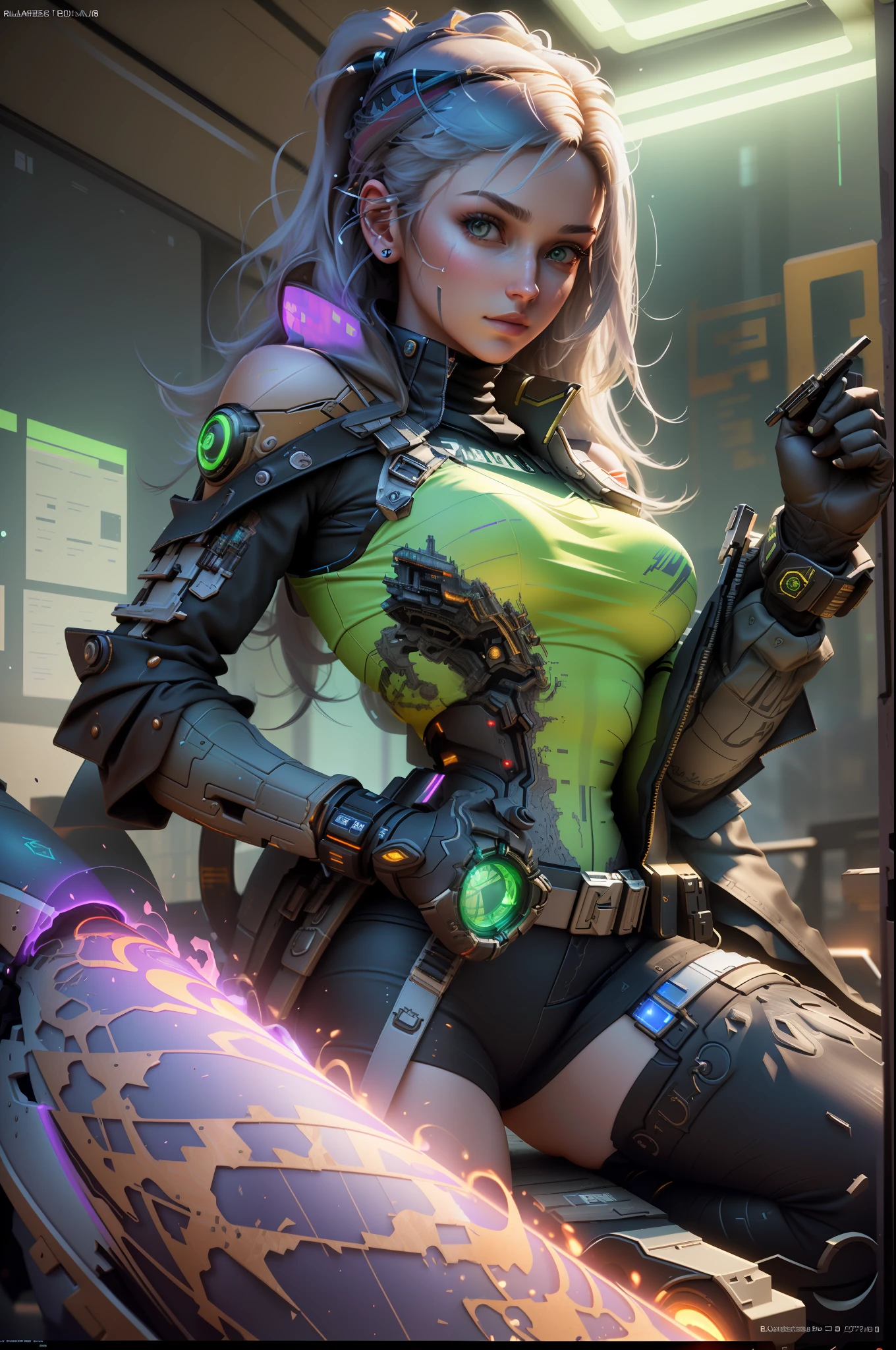 (Best Quality), ((Masterpiece), (Detail: 1.4), 3D, A Beautiful Cyberpunk Female Image with Two Guns, HDR (High Dynamic Range), Ray Tracing, NVIDIA RTX, Super-Resolution, Unreal 5, Subsurface Scattering, PBR Texture, Post Processing, Anisotropic Filtering, Depth of Field, Maximum Sharpness and Clarity, Multi-layer Textures, Albedo and Highlight Maps, Surface Shading, Accurate simulation of light-material interactions, perfect proportions, Octane Render, two-color light, large aperture, low ISO, white balance, rule of thirds, 8K RAW,