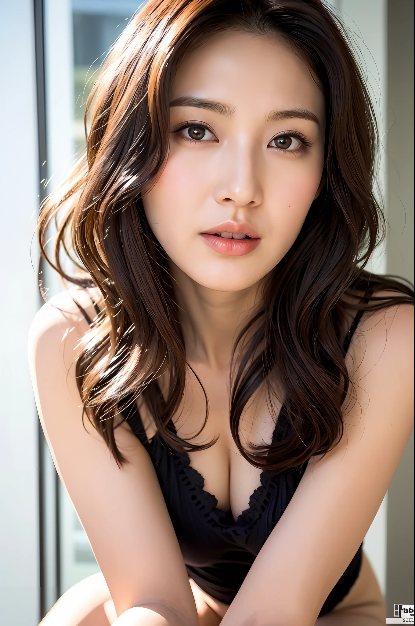 Mature milf lad,erotic underwear style,super cute,extreme close up upper full body,nice perfect face with soft skin perfect face,gorgeous long wavy brown-haired,8K resolution,ultra-realistic,ultra-detailed,highs quality,erotic beautiful immature lady wearing trendy underwear clothing at a Ranway,