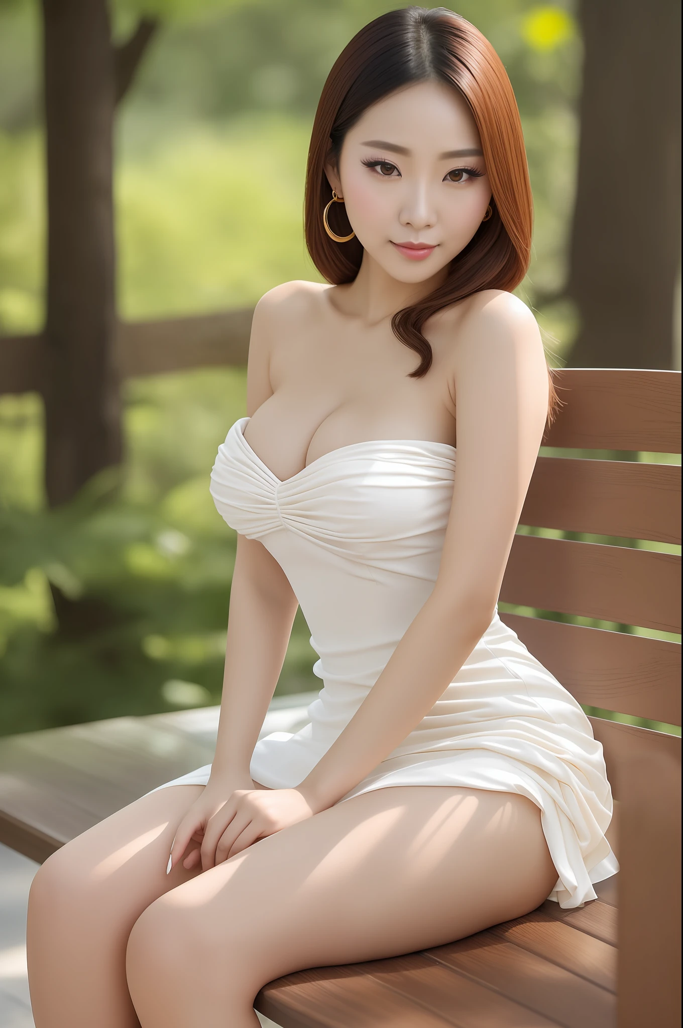 Fashion trendy beautiful, gentle and charming Taiwanese lady, (jpop idol), (big breasts), (areolas slip), delicate and sexy collarbone, oval face, sitting on the wood bench, double eyelids, smart peach blossom eyes, pink lips, small nose, bare shoulders, focus on the face, close-up of the face, Ultra-high-definition, super-detailed, full-body photo, ultra-thin and light-transmitting, Platinum yellow((strapless))dress, sleeveless, fresh and good, and can(seen through:1.05), (full body:1.25), (NSFW:1.1)