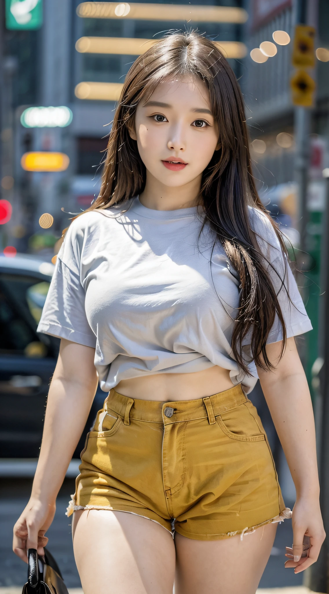 ((Best Quality, 8K, Masterpiece: 1.3)), Chubby Beauty: 1.4, 30 years old, mature, Bust fullness: 1.6, Thigh Plumpness: 1.6, Highly detailed face and skin texture, Delicate eyes, Double eyelids, Chubby face, thin lips, smile, fair skin, (T-shirt, shorts: 1.6), Standing posture, city street background