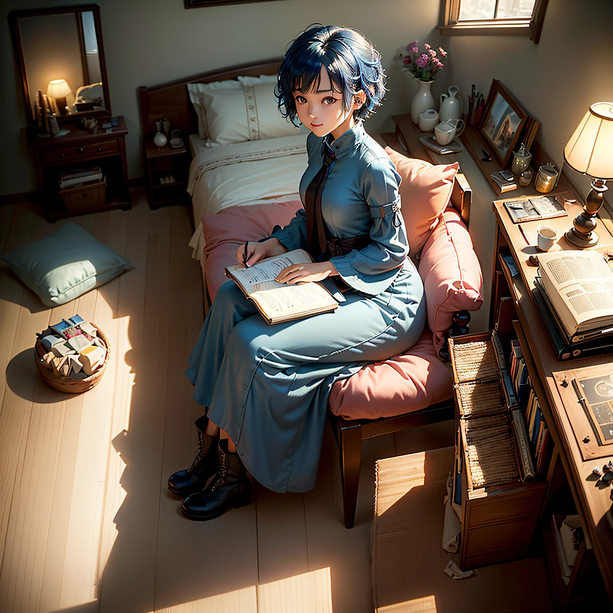 (masterpiece, highest quality, highest resolution, distinct_image, very elaborate CG, cinematic lighting, ray tracing, drop shadows, detailed detail, (photorealistic: 1.4), high quality textures, fine-grained, realistic face expression): (lone girl, face is Japan, short blue hair, small size breasts, sparkling eyes, Eye level shot, light smile, beauty, slim body, holiday, bedroom, console game, computer, long dress, long boots, radio, coffee, model train, bookshelf, spacious chair, pot, fan, painting, stuffed animal, tie, notebook, stationery, vase, photo frame, letter, fountain pen, calendar, lamp, cushion, basket, Mirror with profile, candle)