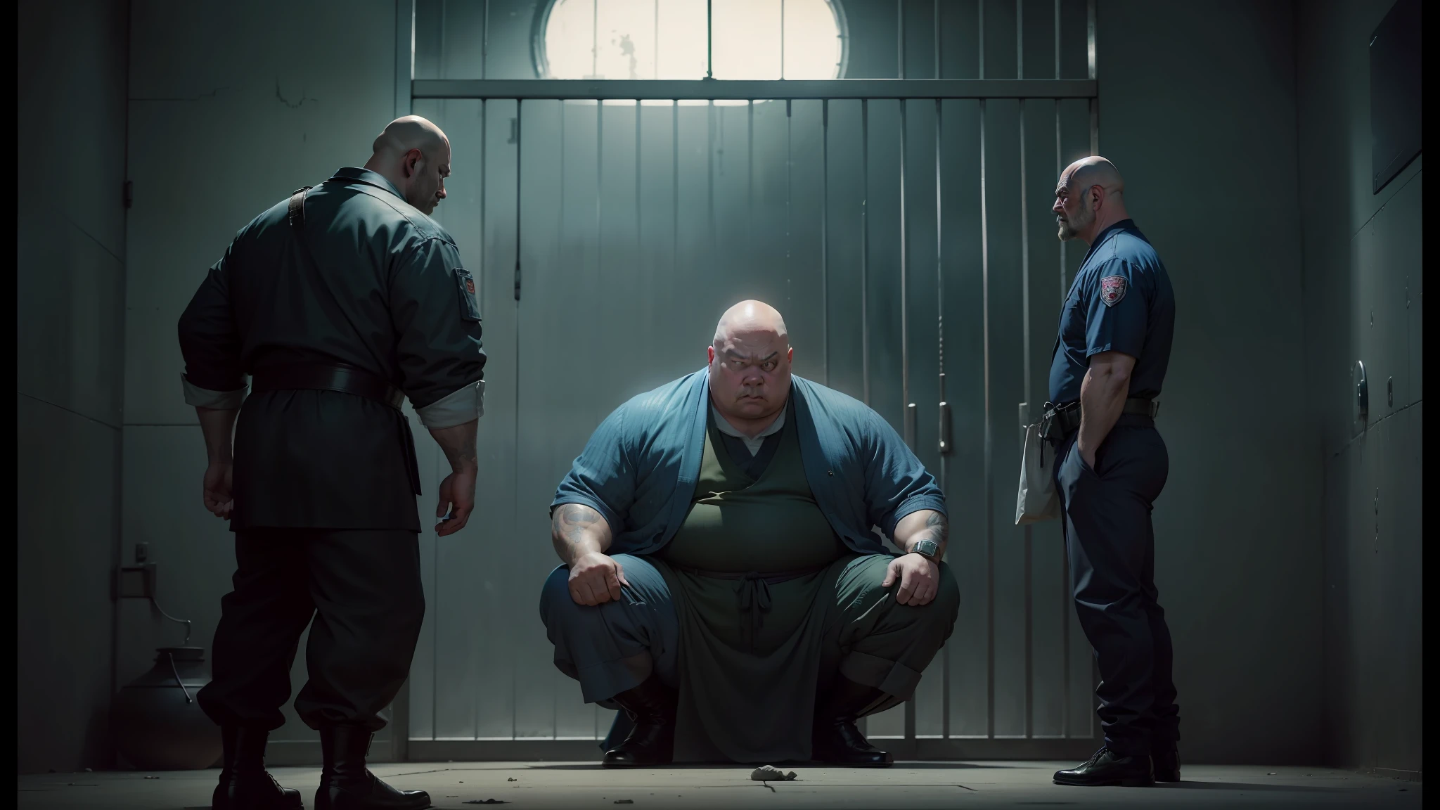 three men in prison uniforms stand in front of a barred door, from the sandman netflix show, wilson fisk, baron harkonnen, still from better call saul, ! baron harkonnen!, prison scene, from netflix's arcane, sumo japanese, yokai, prisoner, chinese men in a prison, walter white hiding in a sewer --auto --s2