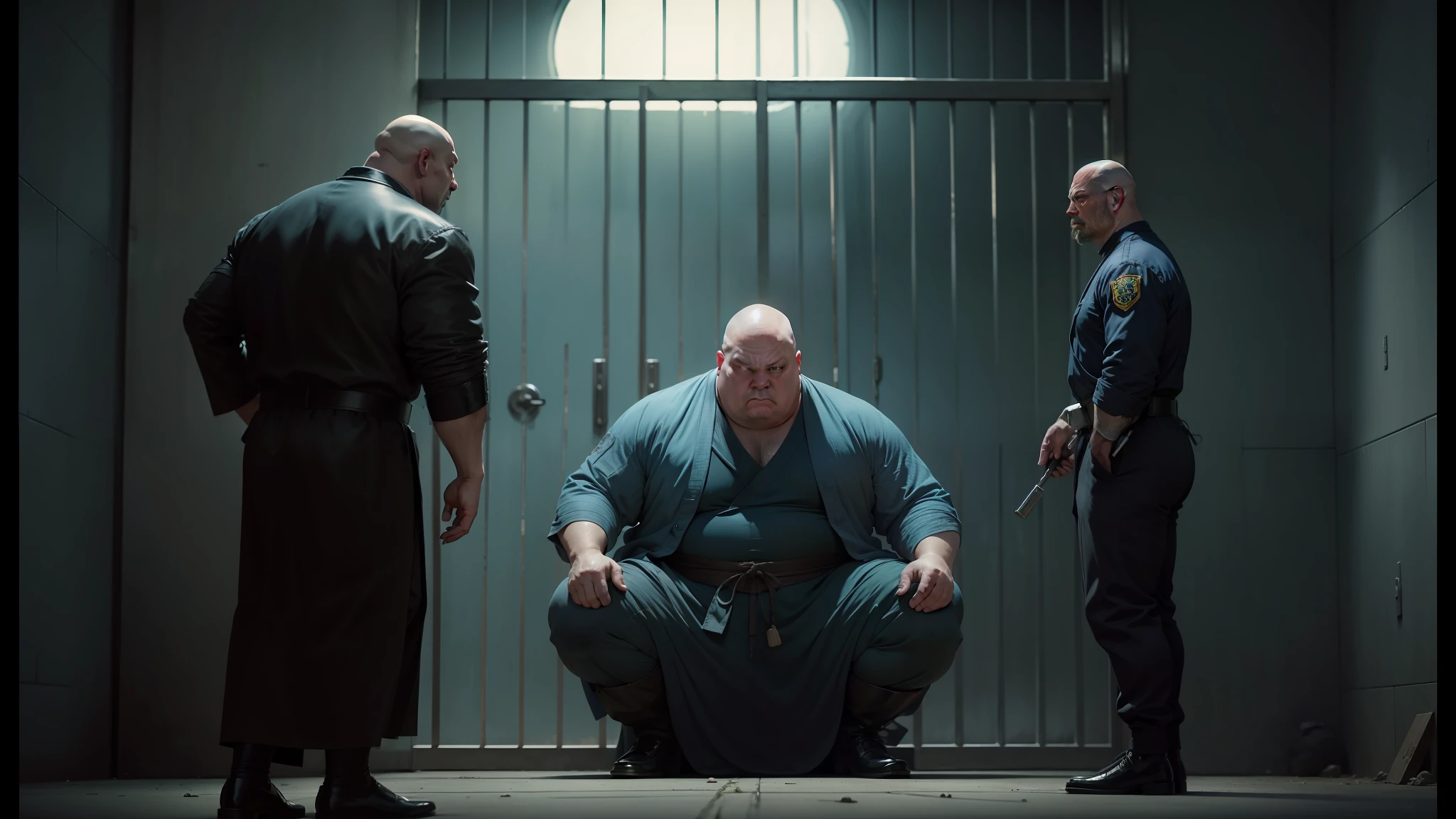 three men in prison uniforms stand in front of a barred door, from the sandman netflix show, wilson fisk, baron harkonnen, still from better call saul, ! baron harkonnen!, prison scene, from netflix's arcane, sumo japanese, yokai, prisoner, chinese men in a prison, walter white hiding in a sewer --auto --s2