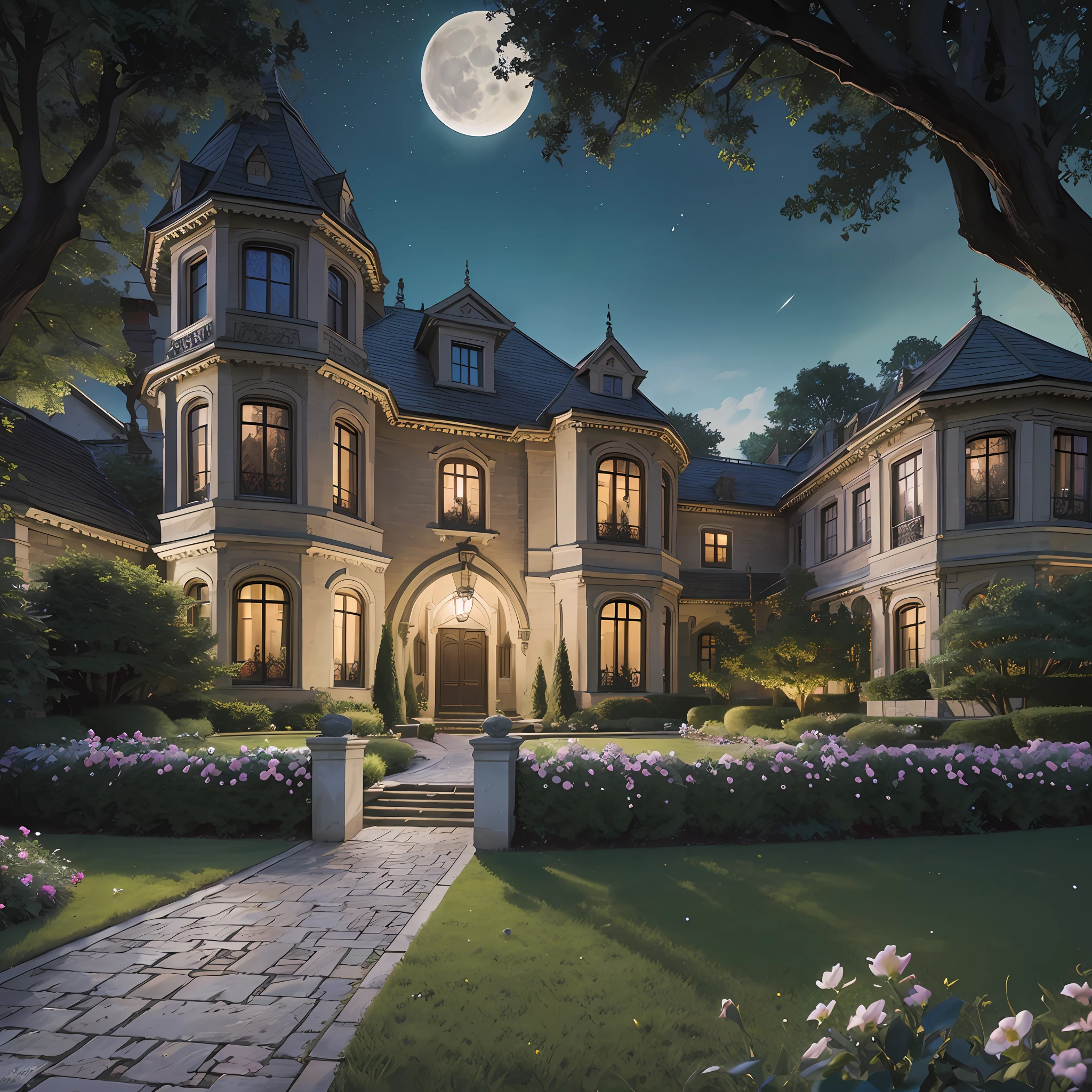 (Photo-realism), (Best quality, masterpiece, full of details), mansion with two towers, many trees, Colorful garden, flower pots, old mansion, white stone path, green grass, dark night, stars, moonlight, brown brick mansion, ultra HD