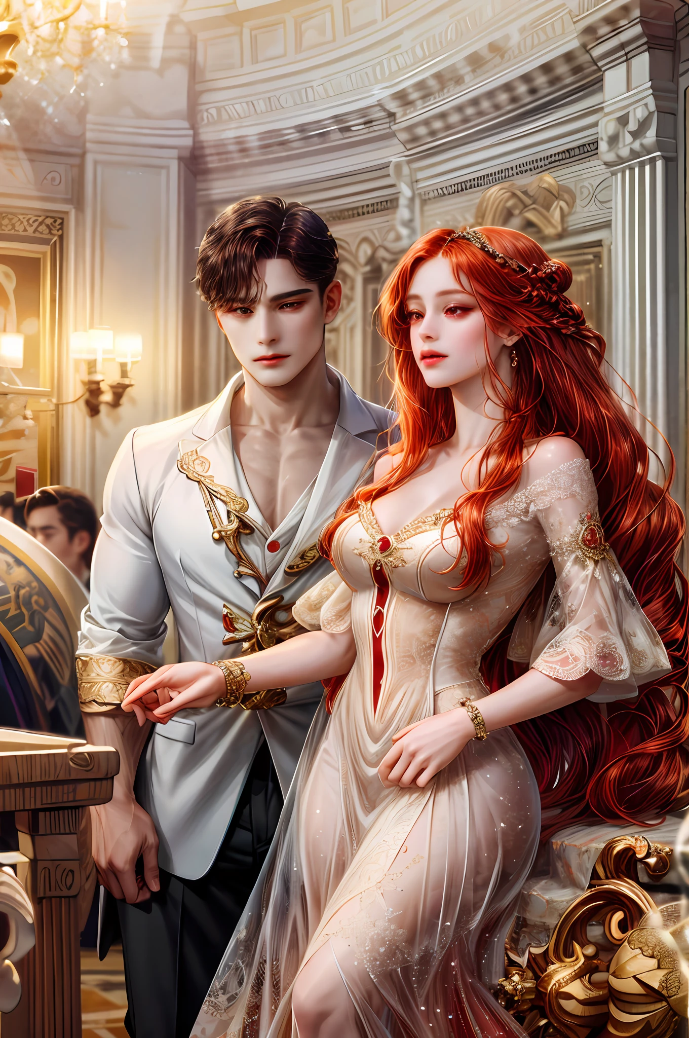 ( High quality , ultra detailed to hand )Zodiac - Aries goddess , similar to latin goodness , Brave ,willful ,productive ,enterprising and humanitarian face , sunset reddish hair , long hair , transparent dress , in the ballroom with partner , whole body , crystal red eyes(eye detailed ), strong powerful make up look ,