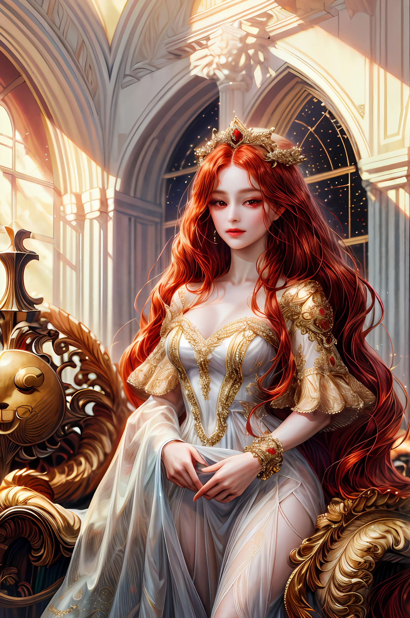 ( High quality , ultra detailed to hand )Zodiac - Aries goddess , similar to latin goodness , Brave ,willful ,productive ,enterprising and humanitarian face , sunset reddish hair , long hair , transparent dress , in the ballroom with partner , whole body , crystal red eyes(eye detailed ), strong powerful make up look ,