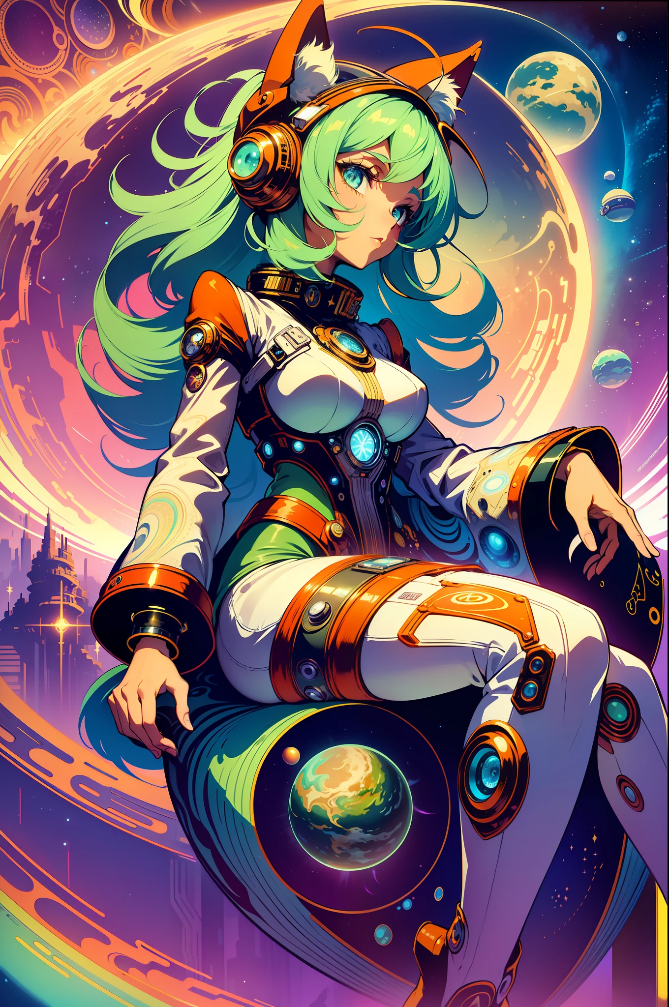 ((retro futurism theme)) 1girl, floating pose, fullbody(masterpiece:1.1), (best quality:1.1),Surreal , wearing a retro-futuristic spacesuit, with wacky alien like accessories, abstract ,galactic cat theme. Mecha cat ears, vibrant and bold colors, glowing neon effect, stunning,otherworldly effect, swirling shapes and patterns, stars, planets, cosmic dust , universe. cute and gorgeous girl gazing out at the vast expanse of space, she has a halo of light, spiritual and mystical connection to the cosmos,dreamlike ,imaginative, (extreme detailed, highest detailed, official art, beautiful),