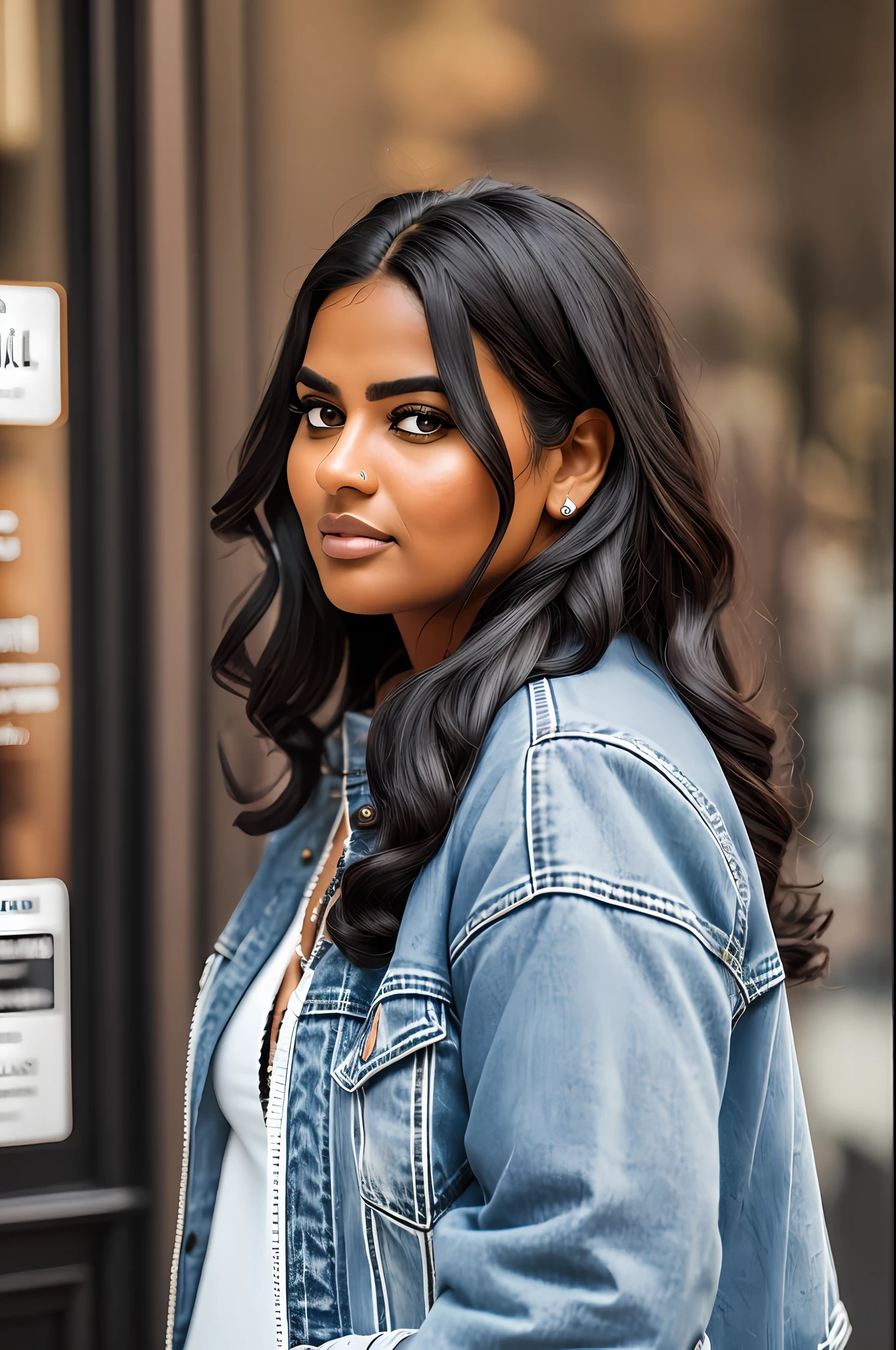 Brown woman, chubby woman, fat woman, black hair, woman with traits of Brazilian ethnicity, 30 years old, Paris cafe cafe, black hair, blue denim jacket, Chanel bag. 8k medium size photo, photos taken by hasselblad + amazingly detailed, sharpness, details + professional lighting, photographic lighting + 50mm, 80mm, 100m + lightroom gallery + behance photos + unsplash --auto --s2