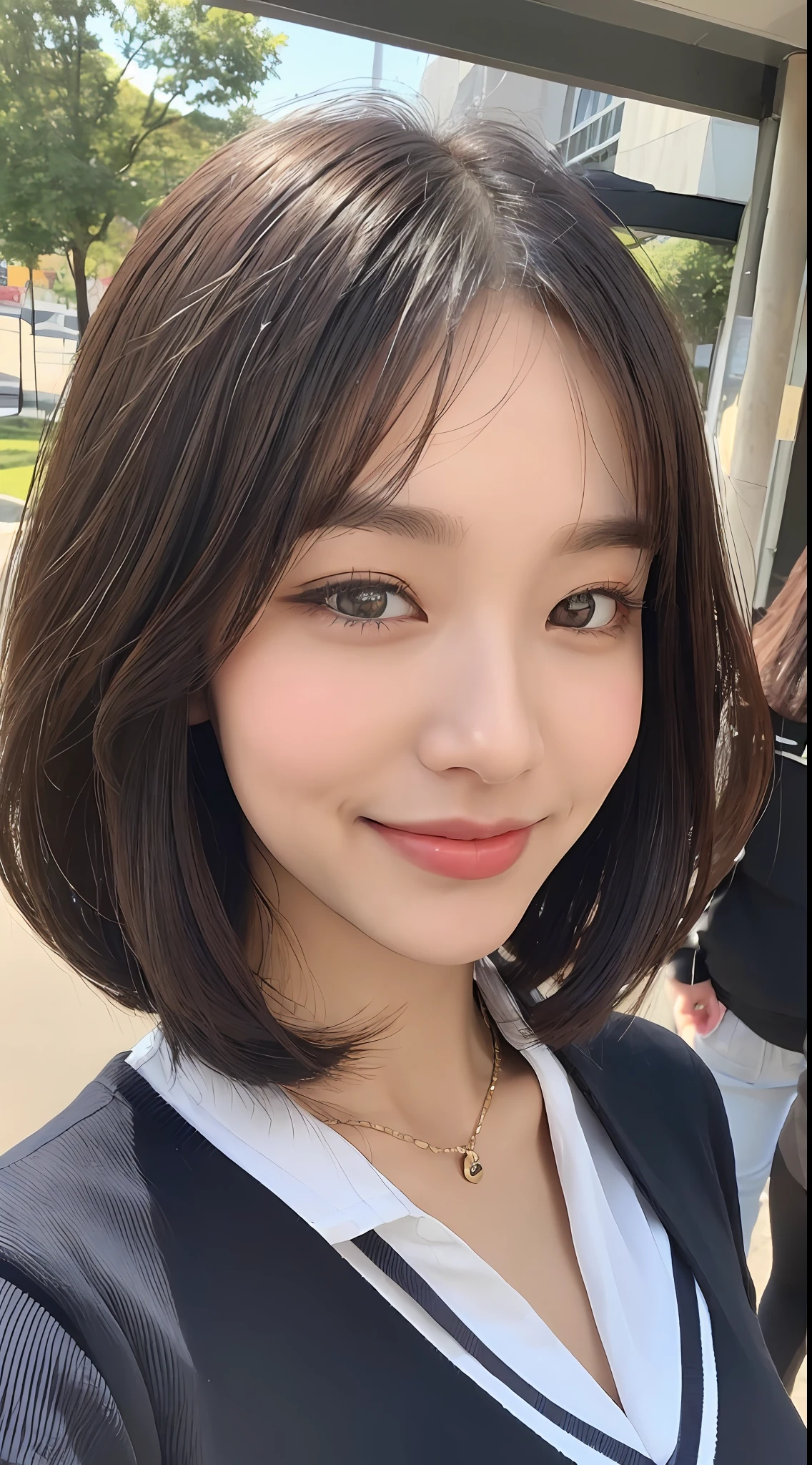 ((Top Quality, 8k, Masterpiece: 1.3)), Crisp Focus: 1.2, Beautiful Women in Perfect Style: 1.4, Slender Abs: 1.2, (((Dark Brown Bob Cut, Big: 1.1)), Smiling, (High School Uniform: 1.1), Street: 1.2, Highly Detailed Face and Skin Texture, Detailed Eyes, Double Eyelids