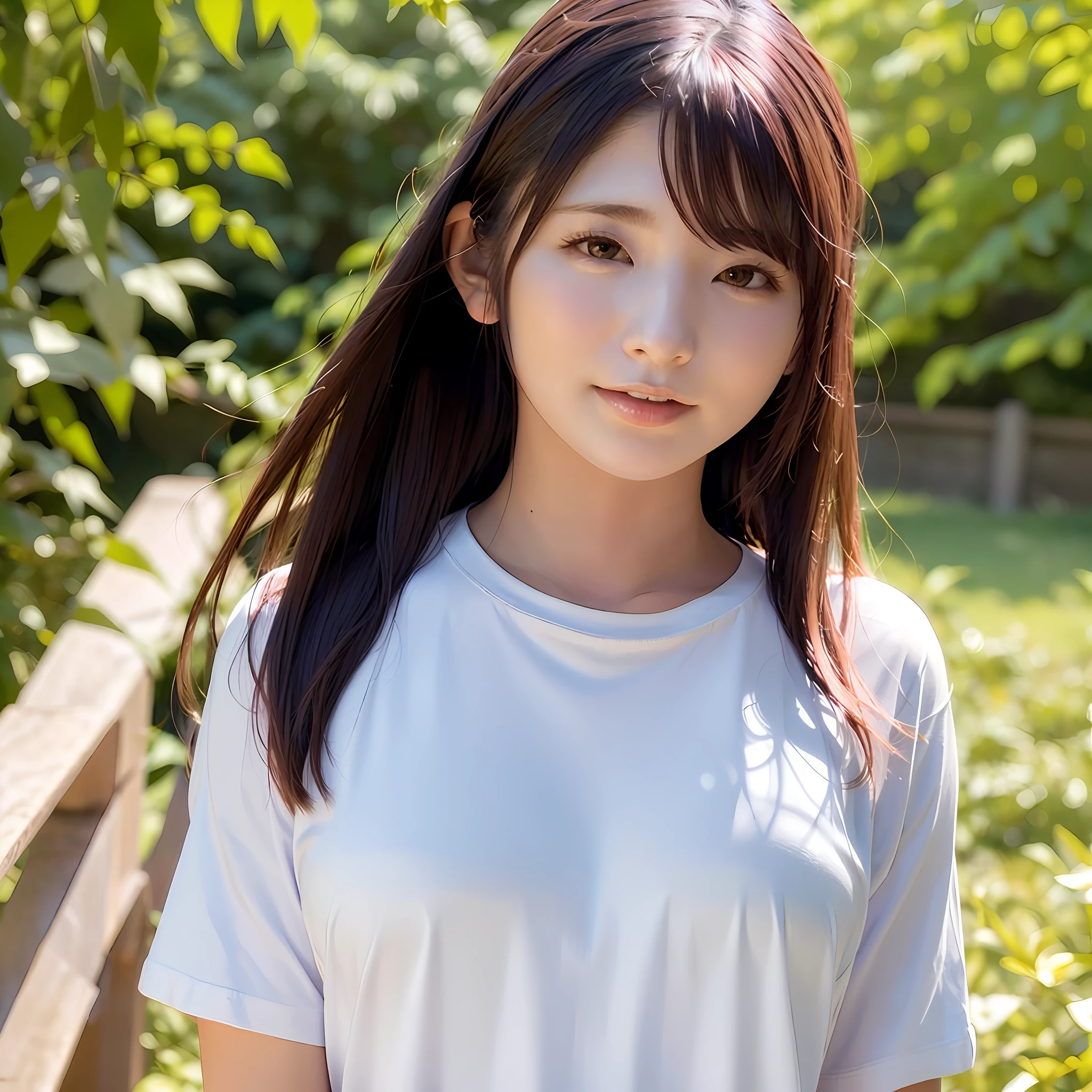 8K, Best Quality, 1girl, (skindentation), Morning, (bright), Blurred background, Outdoors, (Street:0.6), (People), Crowd, Beautiful bangs, Gorgeous,, (Clothing, Long T-shirt:1.3),Soft lighting, Attractive, Wind, Garden, Sunlight, White light, (Closed mouth:1.2, Beautiful eyes, Detailed eyes, Detailed iris, Beautiful lips, Beautiful nose, Beautiful face),