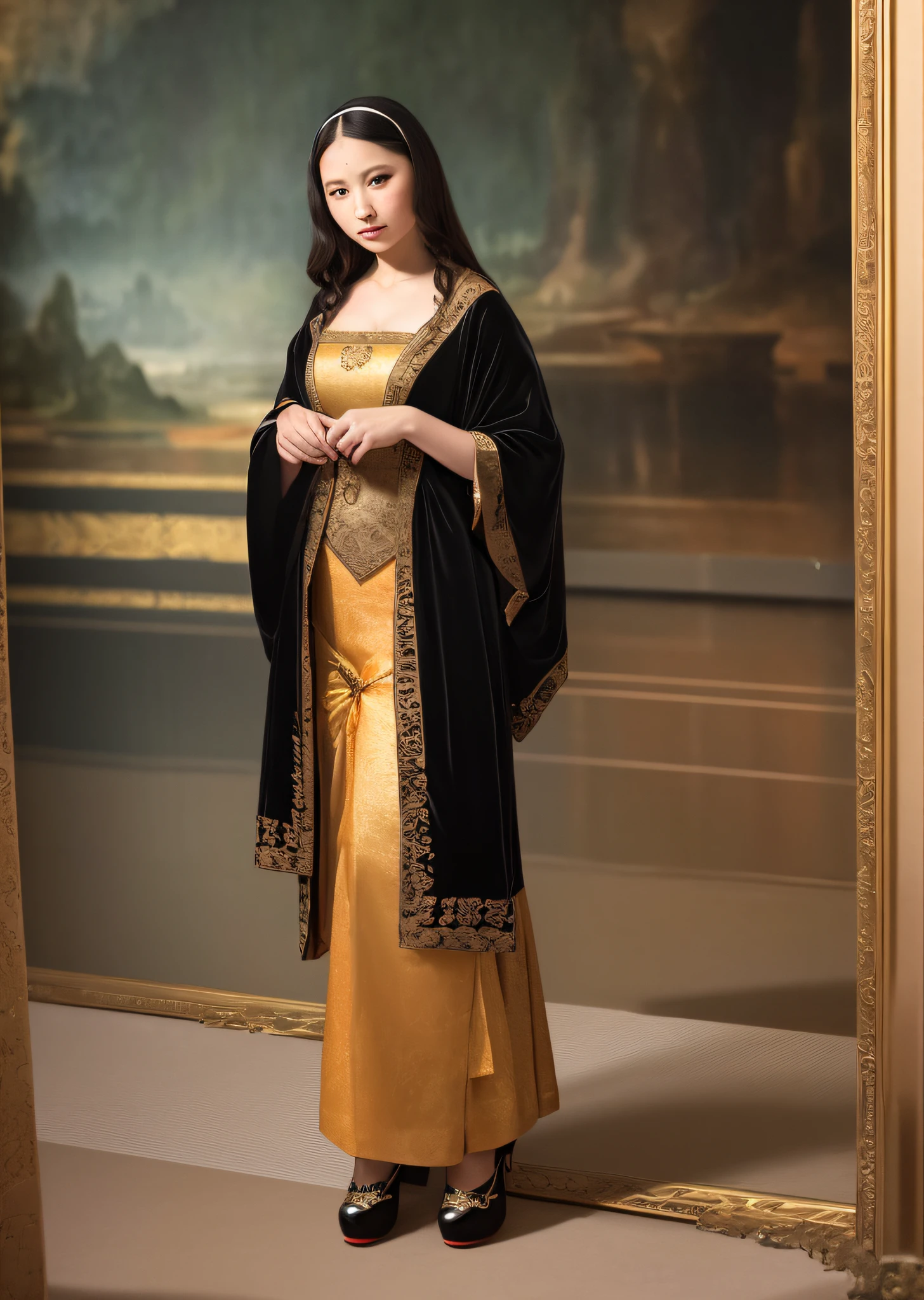 Mona Lisa dressed in Chinese Tang costume, gentle expression, full body portrait, shoes, catwalk, masterpiece, highest quality, high quality, highly detailed CG unit 8k wallpaper, award winning photo, bokeh, depth of field, HDR, flood, chromatic aberration, realistic, very detailed, art station trend, CGsociety trend, complex, high detail, dramatic, midway art, volumetric lighting
