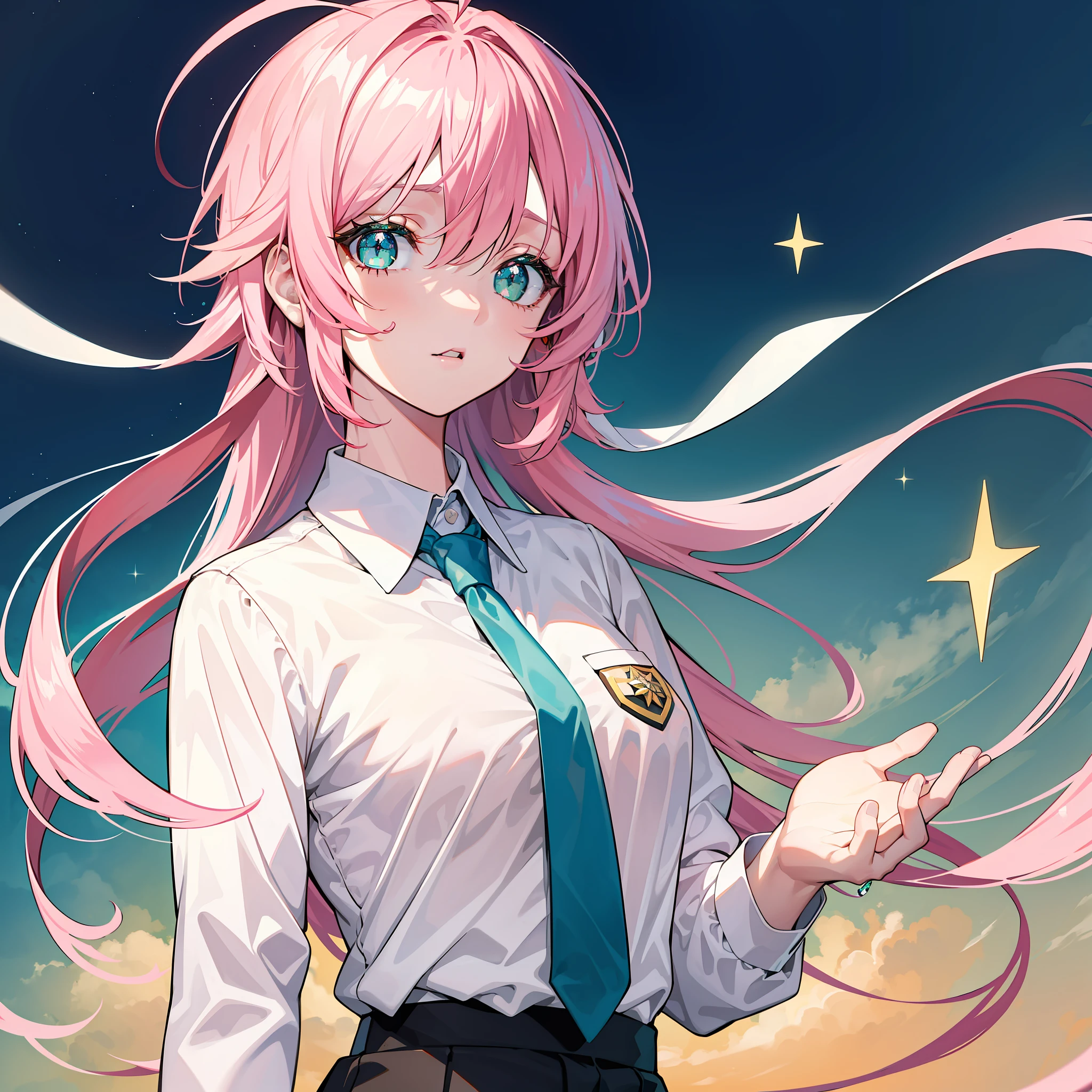 UHD, retina, masterpiece, accurate, anatomically correct, super detail, high details, high quality, award winning, best quality, highres, good anatomy, 1080P, HD, 4K, 8k, 16k, 1girl, long pink hair, ahoge, green eyes, upper body potrait, sparkling eyes, star shaped pupil, wearing a white collared shirt, wearing a green tie, sun in background