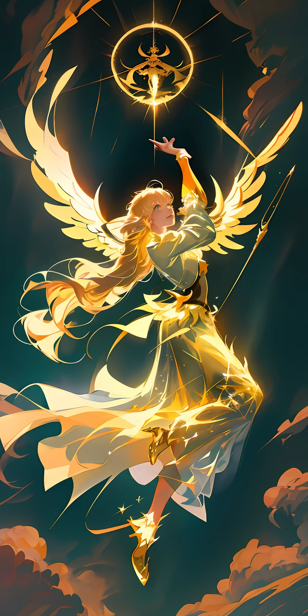 anime angel with golden wings and a star in the background, an anime drawing by Yang J, pixiv contest winner, magical realism, glowing angelic being, full - body majestic angel, young wan angel, with fiery golden wings, angelical, angelic golden armor, with fiery golden wings of flame, ethereal angelic being of light, epic angel wings, big white glowing wings