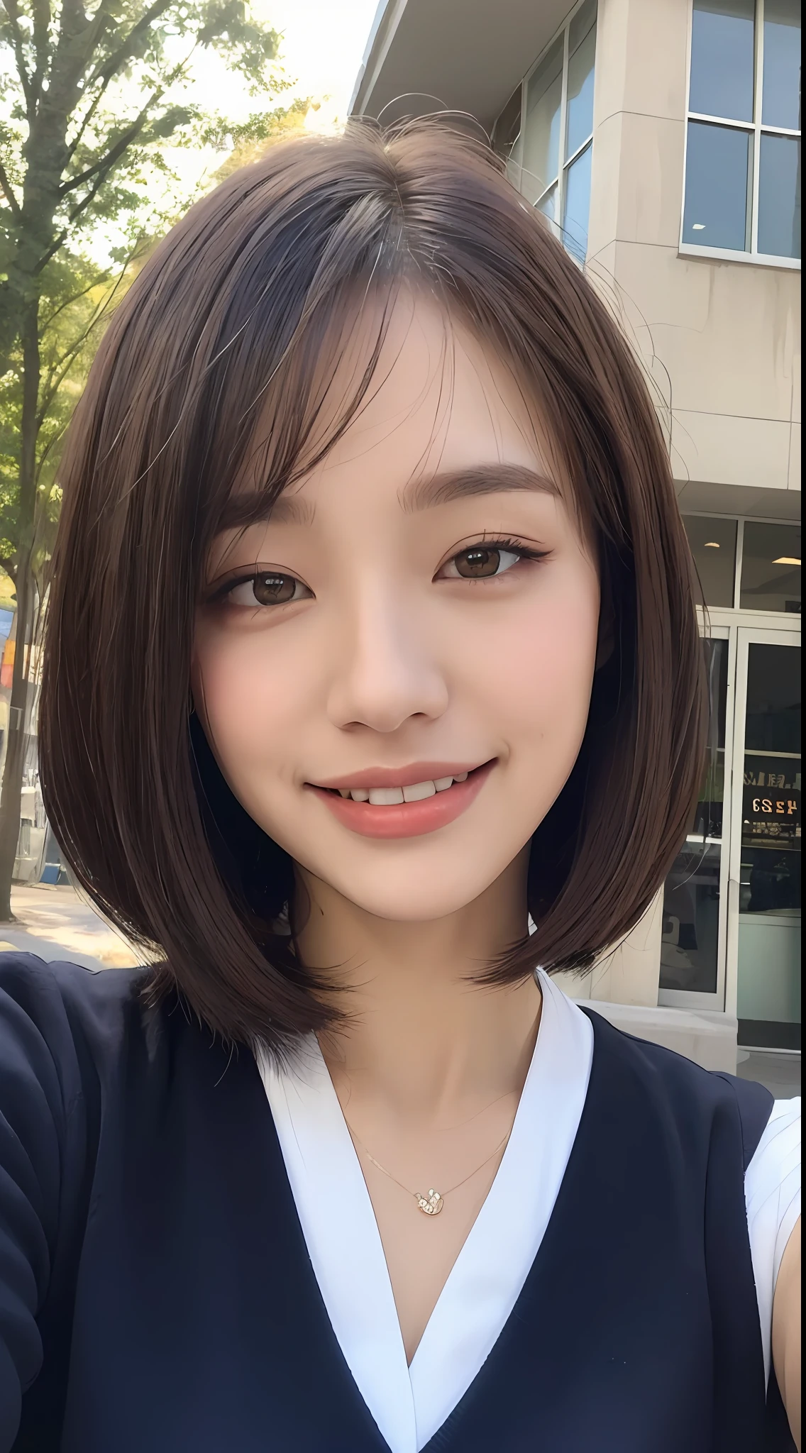 ((Top Quality, 8k, Masterpiece: 1.3)), Crisp Focus: 1.2, Beautiful Women in Perfect Style: 1.4, Slender Abs: 1.2, (((Dark Brown Bob Cut, Big: 1.1)), Smiling, (High School Uniform: 1.1), Street: 1.2, Highly Detailed Face and Skin Texture, Detailed Eyes, Double Eyelids