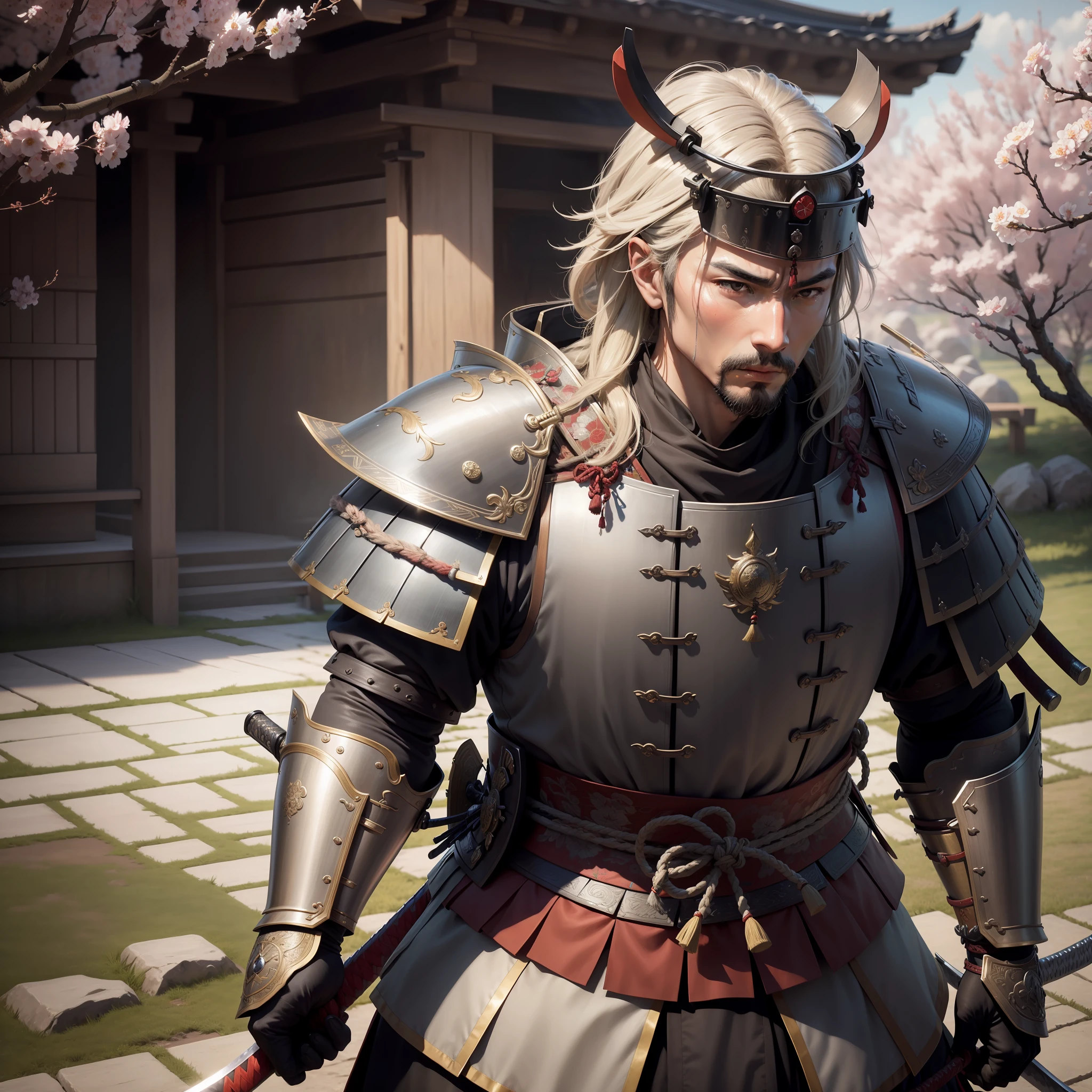 masterpiece, best quality, high quality, 8k extremely detailed CG unit wallpaper, depth of field, HDR, photorealistic, extremely detailed, intricate, high detail,, feudal, samurai, warrior, fighter, sword, katana, armor, cherry tree, ronin, samurai man, musashi, myamoto, battle of sekigahara