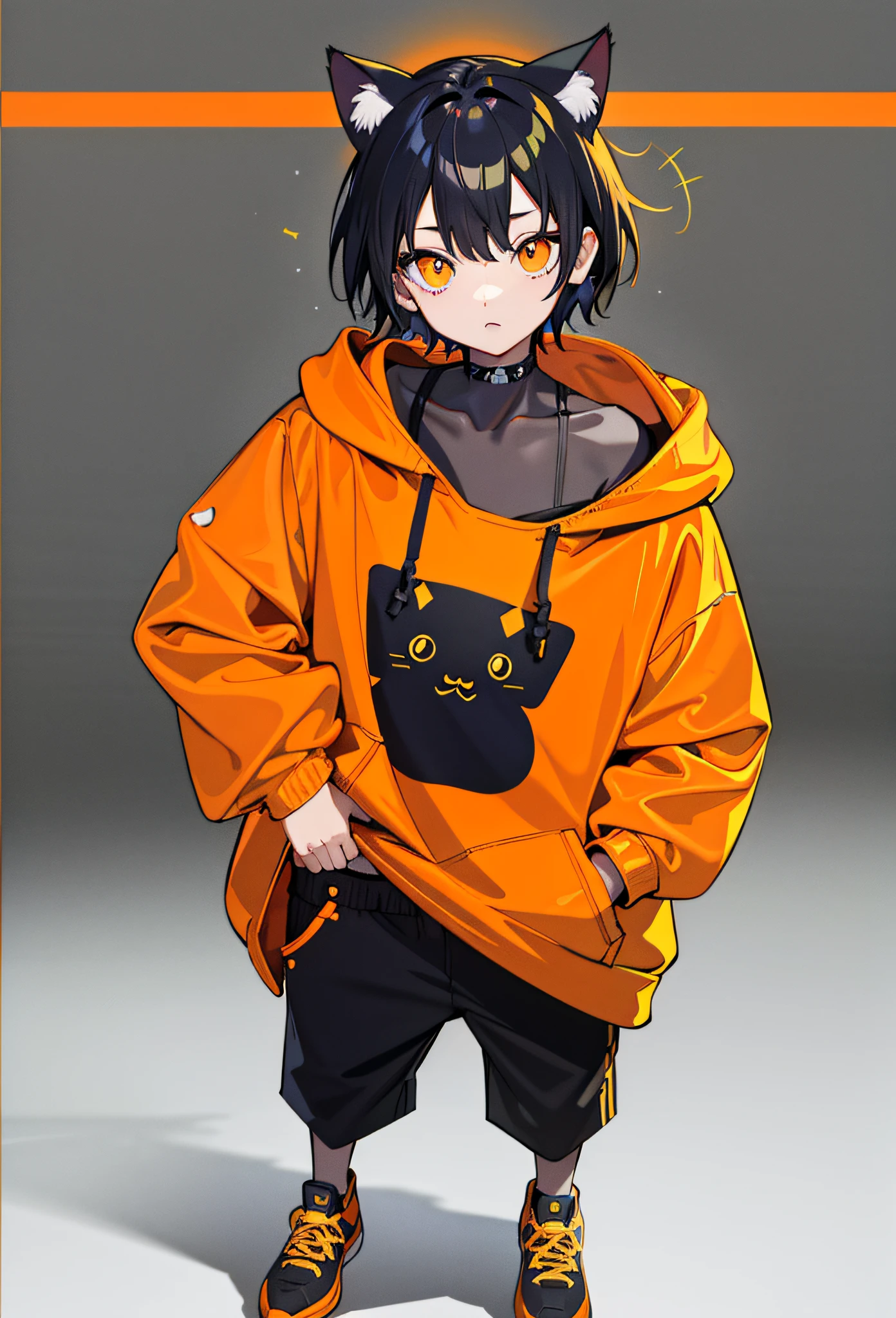 masterpiece, flat background, no background, full body, standing, cat-eared girl one, solo, cute, oversized orange hoodie, t-shirt, seven-quarter length pants, 50mm portrait, delicate features, semi-realistic, sharp focus, super detail, absurdity, depth of field, neon
