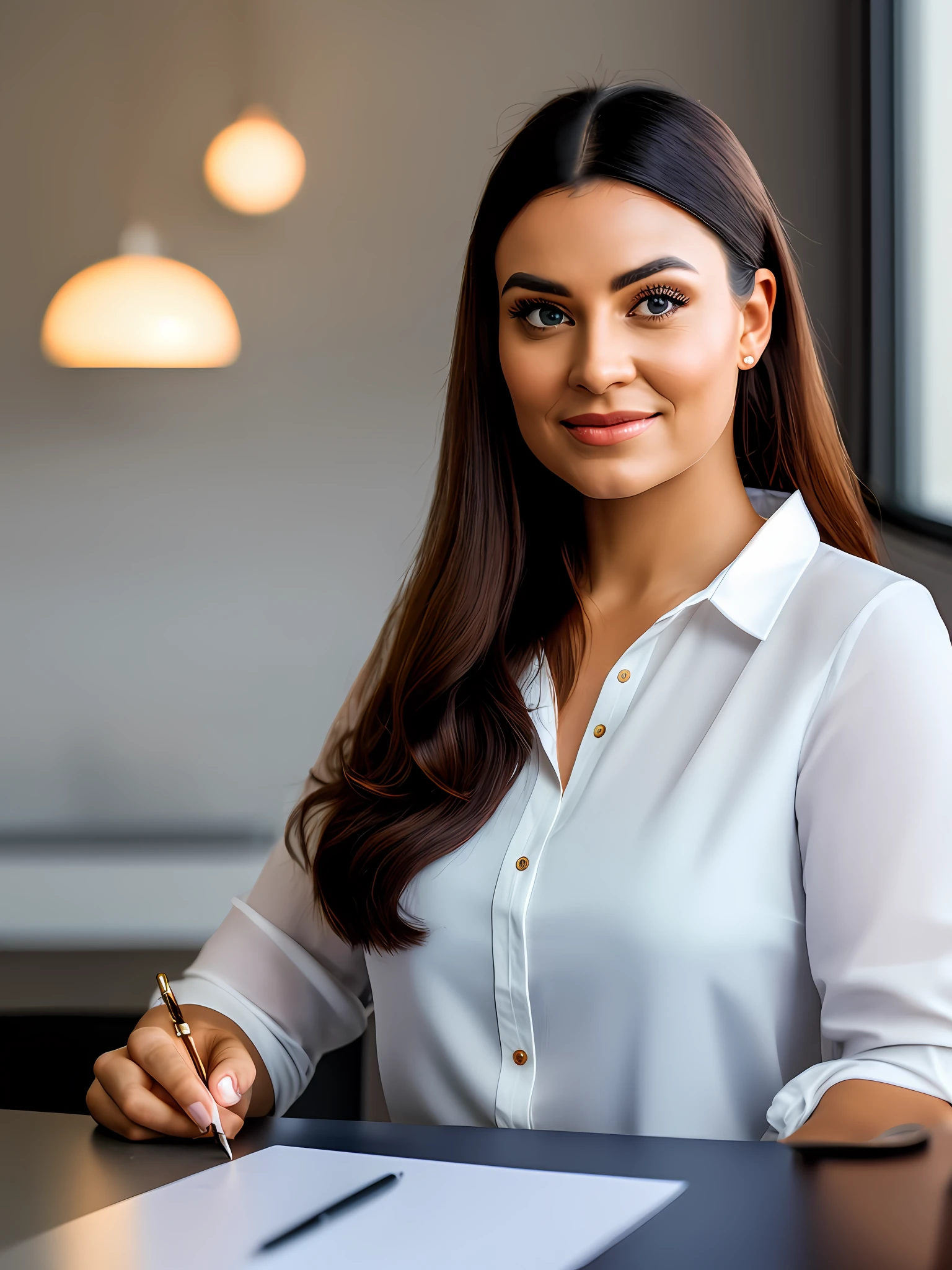 (Masterpiece, 4k resolution, ultra-realistic, very detailed), Generate a hyperrealistic photo of a young professional European businesswoman hard at work on her laptop creating a project. Set the background to a modern office or creative studio with ample natural light. Use a filter that enhances the natural colors and lighting of the scene. Ensure the businesswoman’s clothing and accessories are professional and contemporary. Her facial expression should be determined and focused on her work. There is a cute little zebra toy on the table as an ornament. Please, avoid generating extra or distorted arms or fingers that might make the photo look unnatural. Use the command “Zoom in” to focus the image on the businesswoman and her laptop. realistic 3d style, 3d realistic, photorealistic woman render, adorable digital painting, hyperrealistic entrepreneur, a hyperrealistic business woman, realistic artstyle, photorealistic, photo realism style, detailed digital art