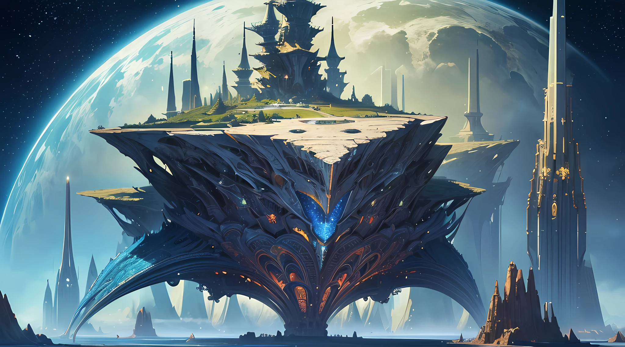 (masterpiece, top quality, best quality, official art, beautiful and aesthetic:1.2), Spaceship, alien landscape, extreme detailed,(fractal art:1.3),colorful,highest detailed