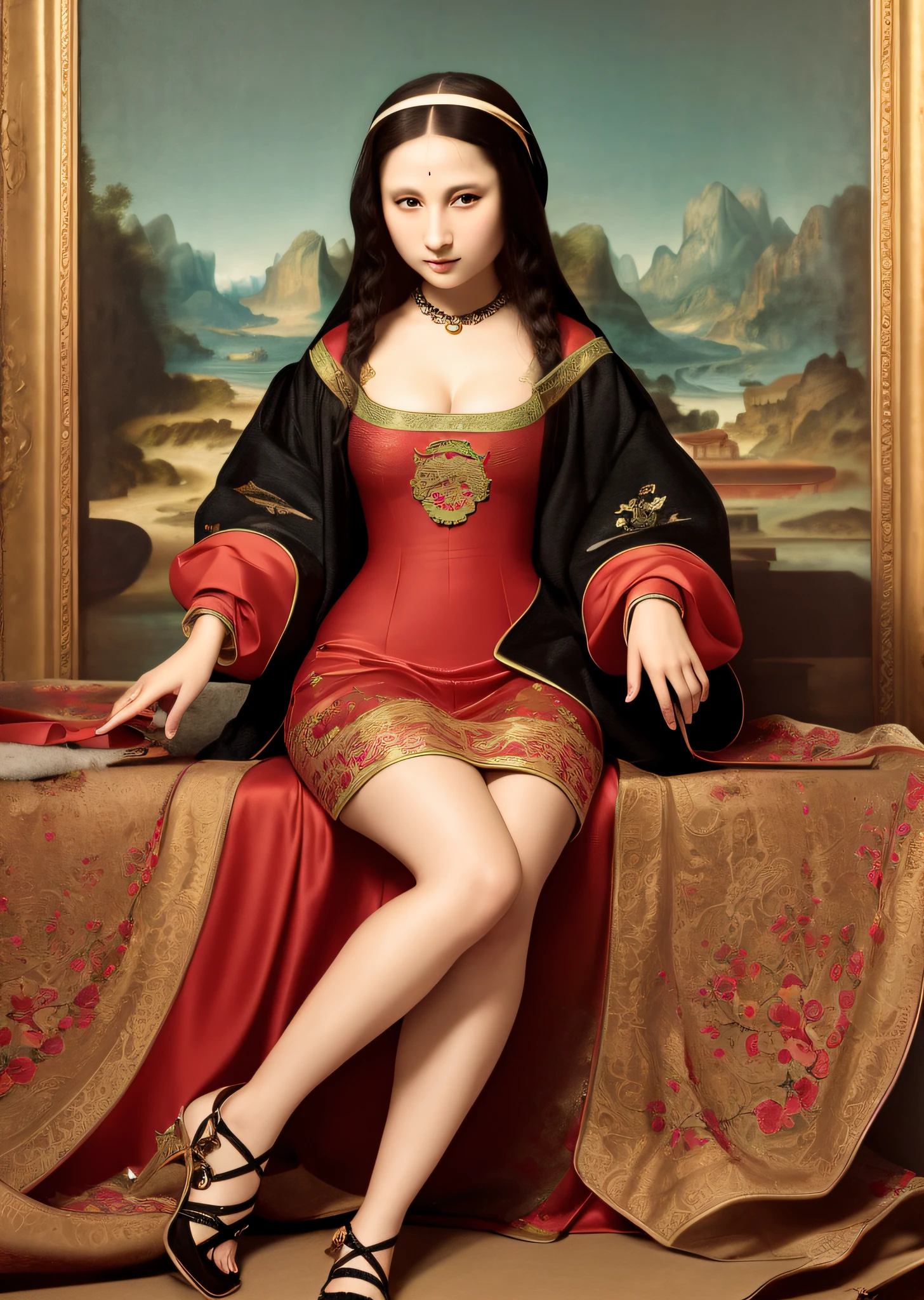 Mona Lisa dressed in Chinese Tang costume, gentle expression, full body portrait, shoes, catwalk, masterpiece, highest quality, high quality, highly detailed CG unit 8k wallpaper, award winning photo, bokeh, depth of field, HDR, flood, chromatic aberration, realistic, very detailed, art station trend, CGsociety trend, complex, high detail, dramatic, midway art, volumetric lighting