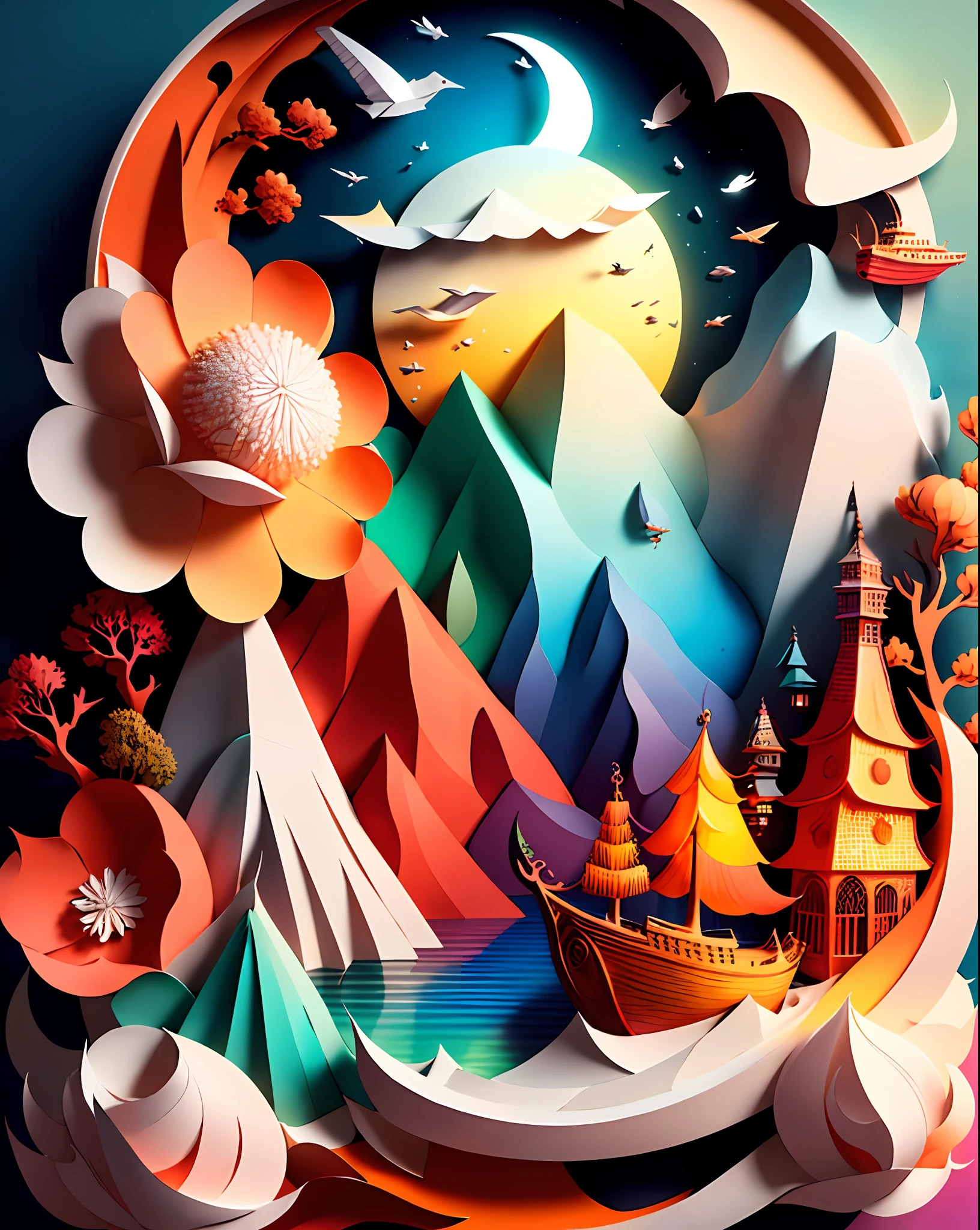 Softlight,(warm color:1.2),Water color painting,light background,best quality exquisite details,3d rendering,Octane render,pastel, Moon, boat, sea, storm,(paper_cut:1.15),