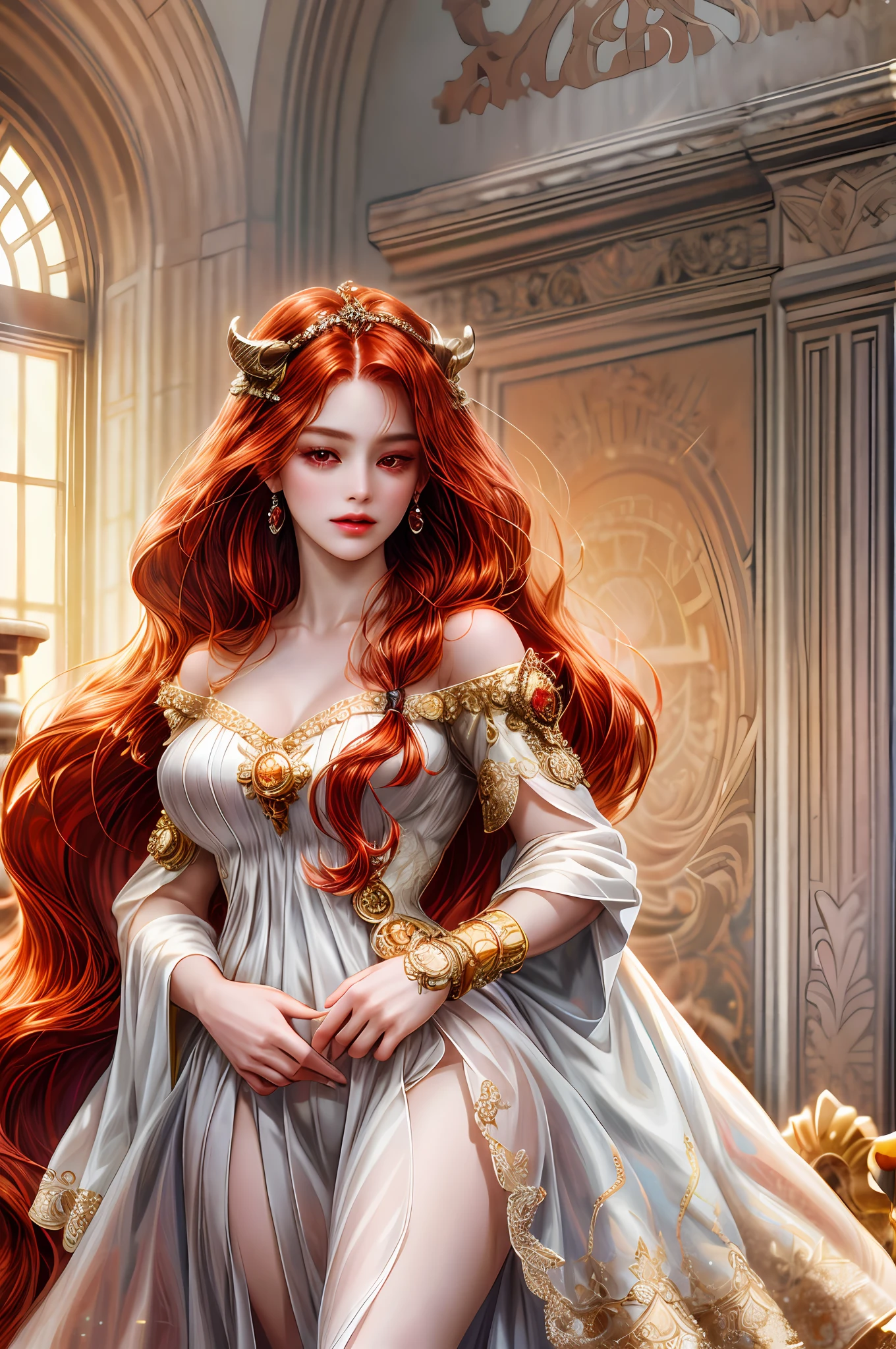 ( High quality , ultra detailed to hand )Zodiac - Aries goddess , similar to latin goodness , Brave ,willful ,productive ,enterprising and humanitarian face , sunset reddish hair , long hair , grown dress , in the ballroom with partner , whole body , crystal red eyes(eye detailed ), strong powerful make up look ,