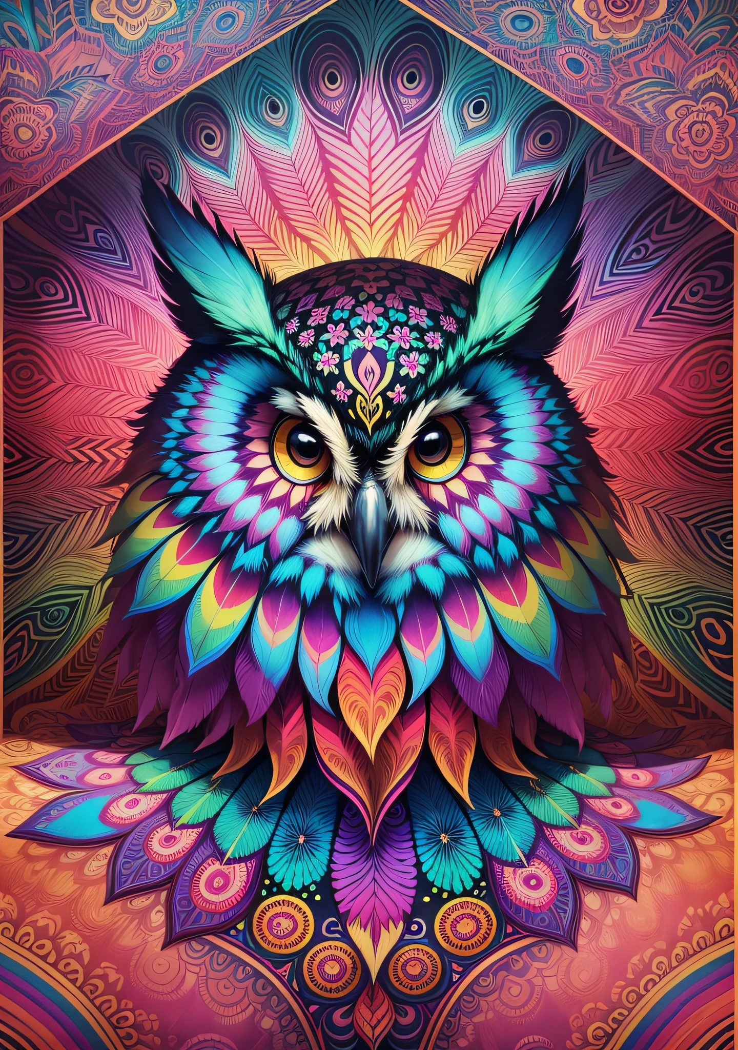 Featuring a captivating and vibrant psychedelic owl painting. The art of the owl is exquisitely designed with vivid colors, intricate patterns and mesmerizing details. The painting is leaning against the back of the room, creating a dynamic and casual display. The combination of the psychedelic art of the owl adds a touch of artistic fascination to any space. --auto --s2