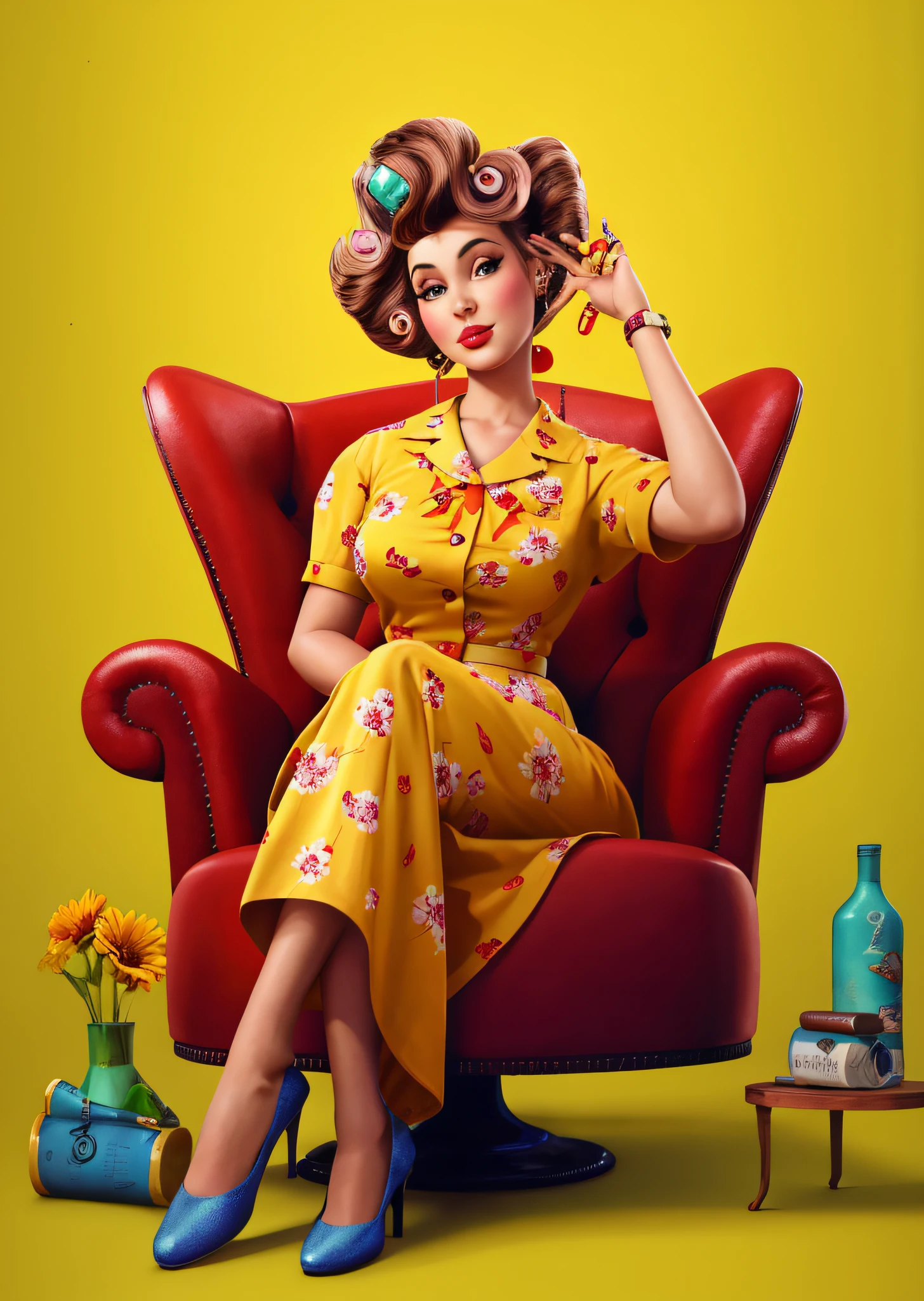 araffe woman sitting in a chair with a bottle of wine and a vase, portrait shot, retro pinup model, 1950s illustration style, pin-up poster girl, pinup, pinup art, pin up style poster, trend on behance 3d art, trend on behance 3 d art, pin up, pinup model, beautiful retro art