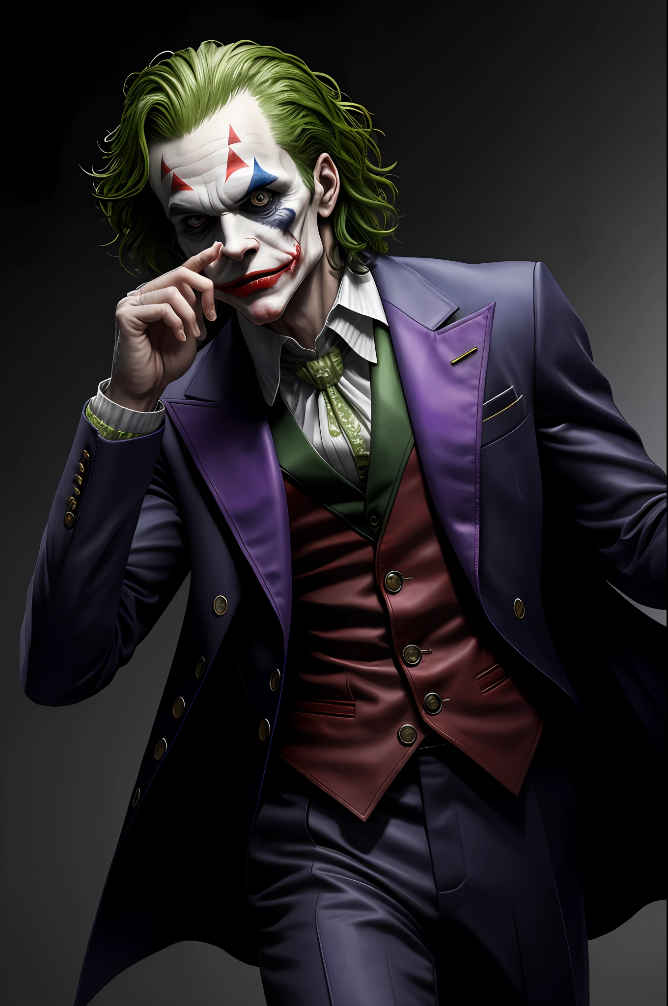 (8k, RAW photo, best quality, masterpiece:1.2), ultra detailed, official art, photo-realistic:1.37, upper body shot, DC Joker, film grain, action pose