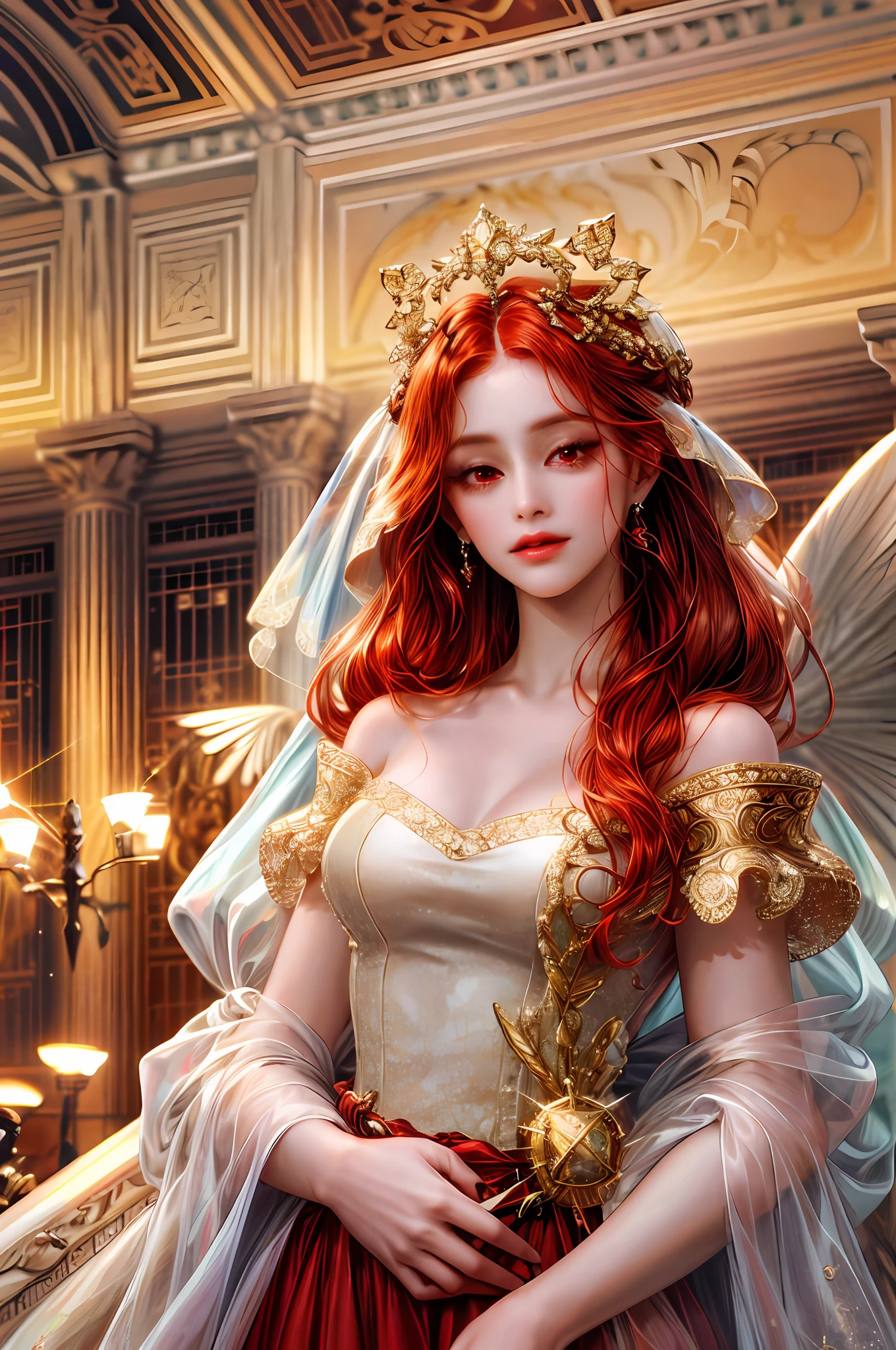 ( High quality , ultra detailed to hand )Zodiac - Aries goddess , similar to latin goodness , Brave ,willful ,productive ,enterprising and humanitarian face , sunset reddish hair , transparent dress , in the ballroom with partner , whole body , crystal red eyes(eye detailed ), strong powerful make up look ,