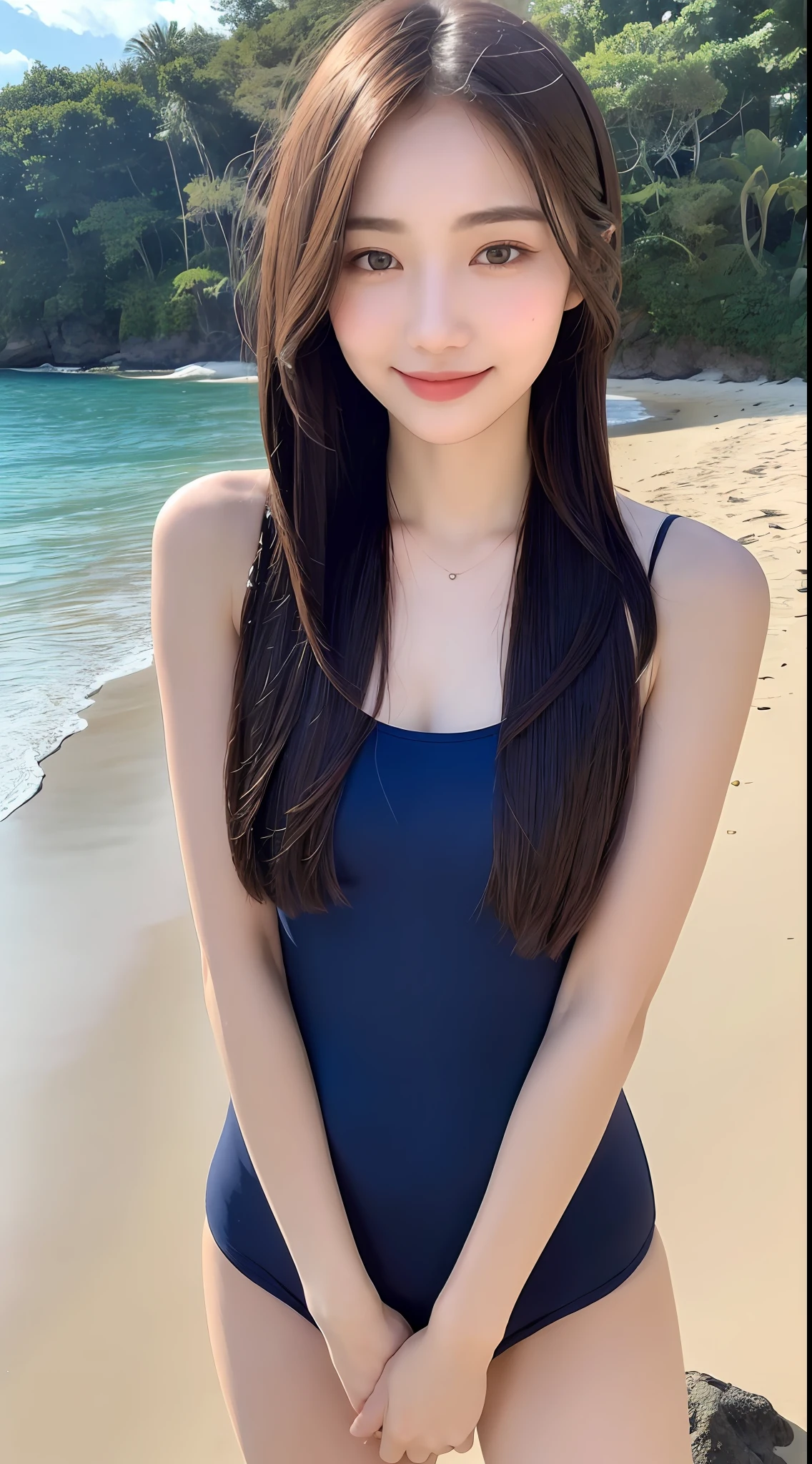 ((Best Quality, 8K, Masterpiece: 1.3)), 1girl, Slender Beauty: 1.3, (Hairstyle Casual, Full Body: 1.2), Swimsuit: 1.1, Super Fine Face, Delicate Eyes, Double Eyelids, Smile, On the Beach, Water, Wet