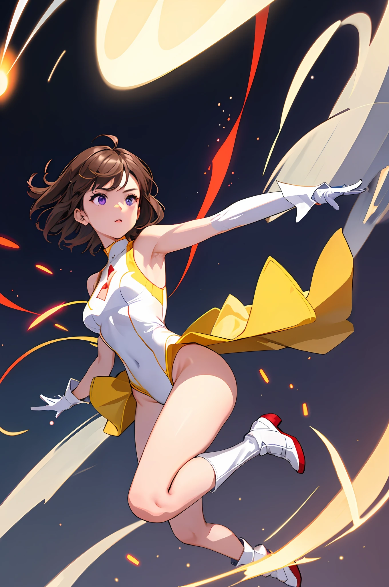 ((masterpiece)). ((best quality)), ((highres)), 1girl, solo, short hair, brown hair, purple eyes, (full body), dynamic spinning pose, (sleeveless white and red leotard with yellow accents and star emblem embedded in chest area), (matching white gloves), ((bare legs)), superhero, tokyo city backdrop, matching boots, medium breasts, 20 age, super speed, time travel, whirlwind particles, powering up, tornado wind particles, super spinning powers, super spin,