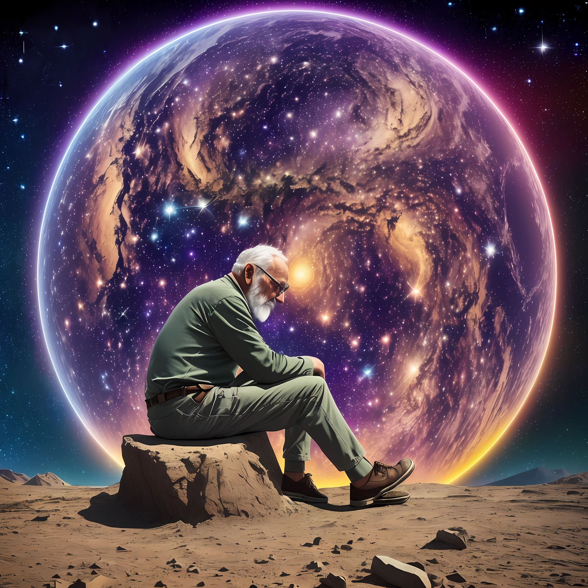 OLD MAN, SITTING ON PLANET EARTH, LOOKING AT THE STARS (((vibrant, realistic photo, realistic, dramatic, sharp focus, 8k))) --auto --s2