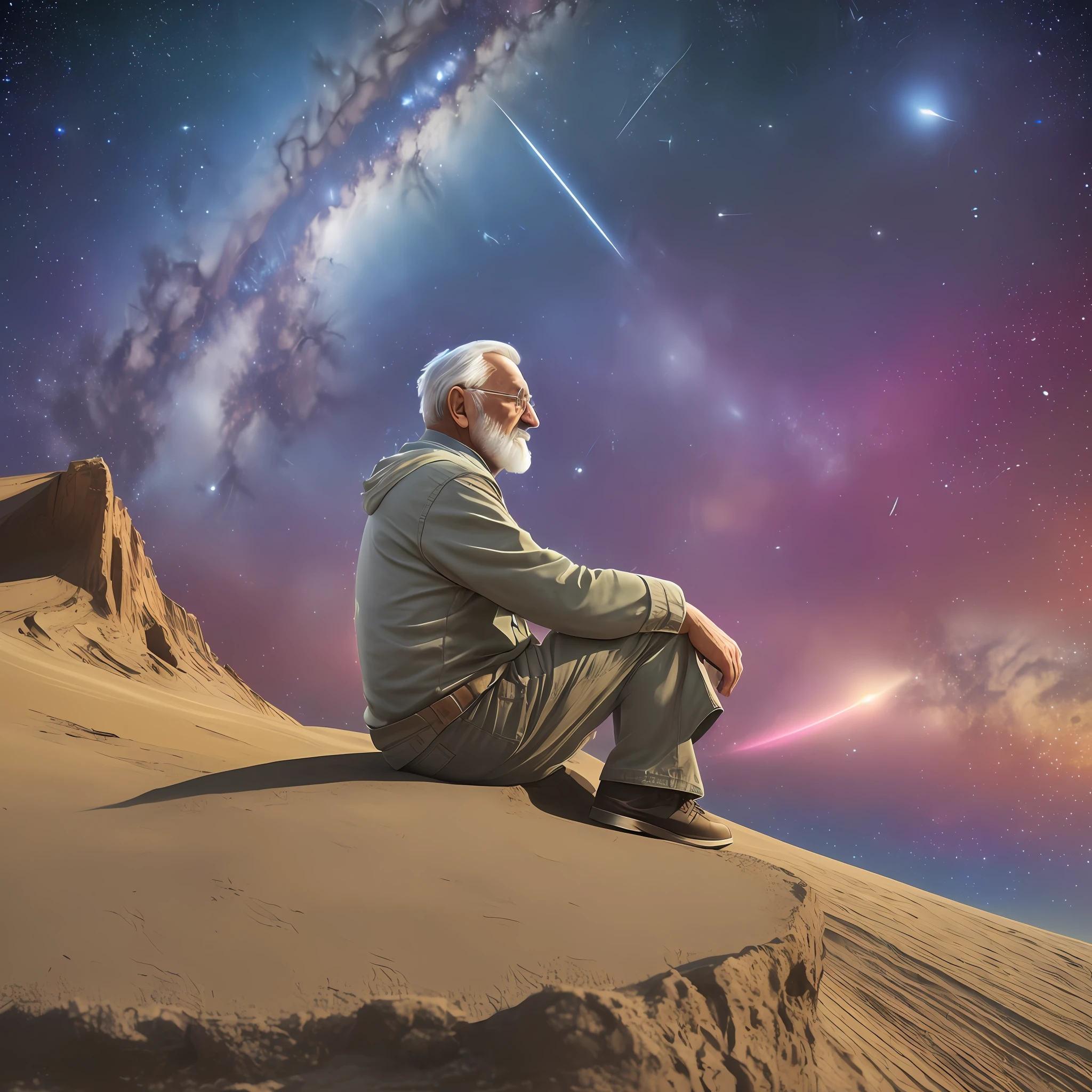 OLD MAN, SITTING ON PLANET EARTH, LOOKING AT THE STARS (((vibrant, realistic photo, realistic, dramatic, sharp focus, 8k))) --auto --s2