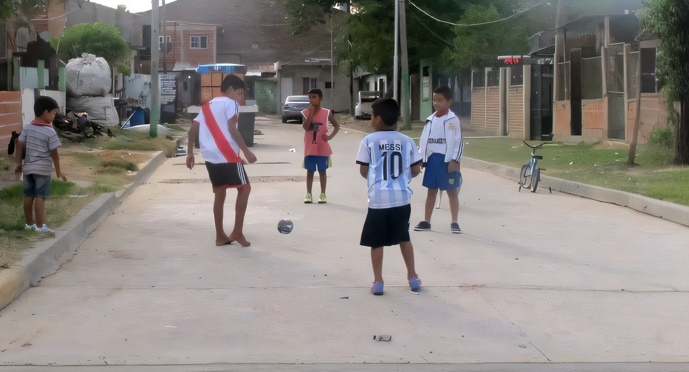 several children are playing soccer on a street in a neighborhood, children playing, playing soccer, soccer,