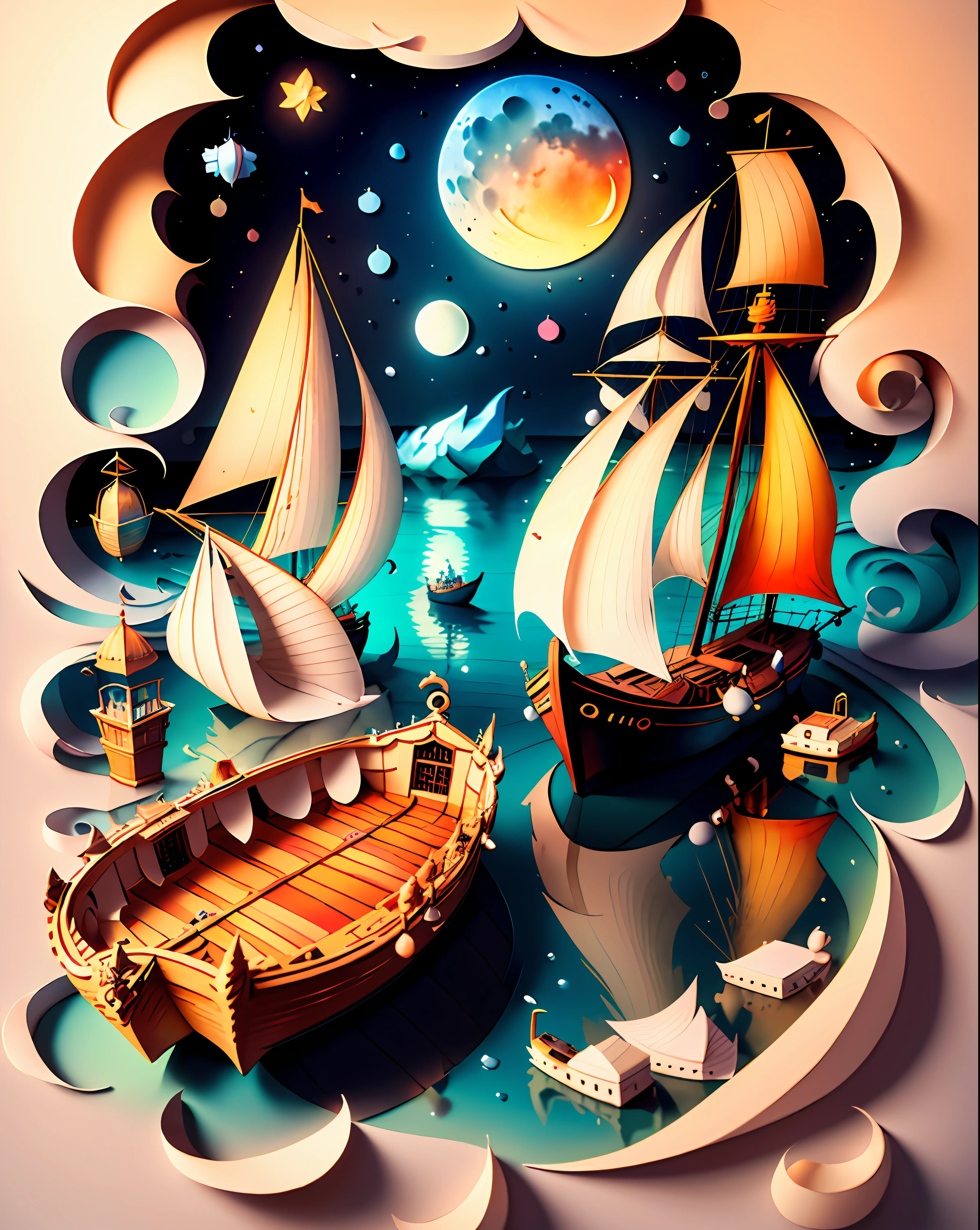 Softlight,(warm color:1.2),Water color painting,light background,best quality exquisite details,3d rendering,Octane render,pastel, Moon, boat, sea, storm,(paper_cut:1.15),