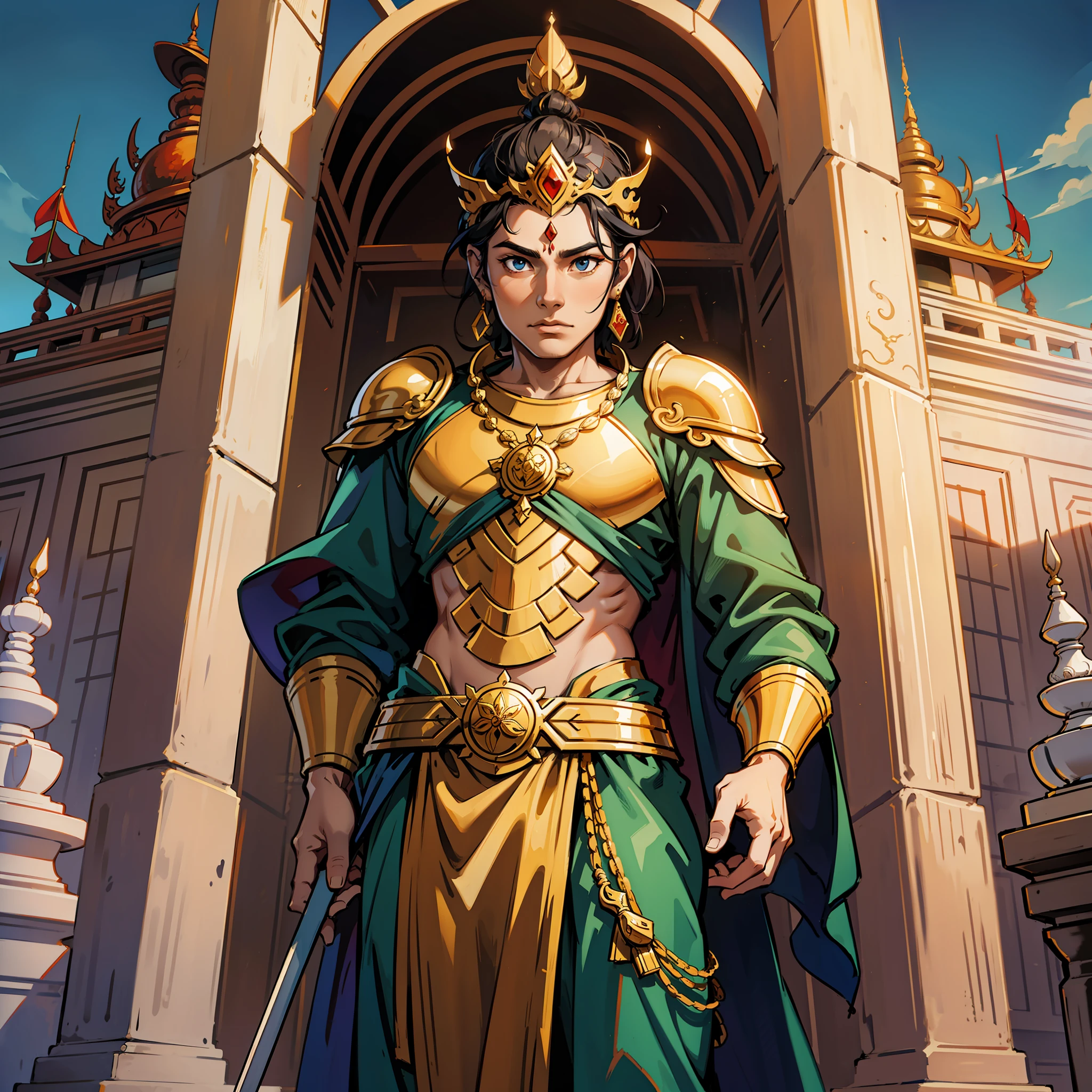 Myanmar ancient king,Kyansittha standing in front of bagan pagoda holding spear --auto --s2