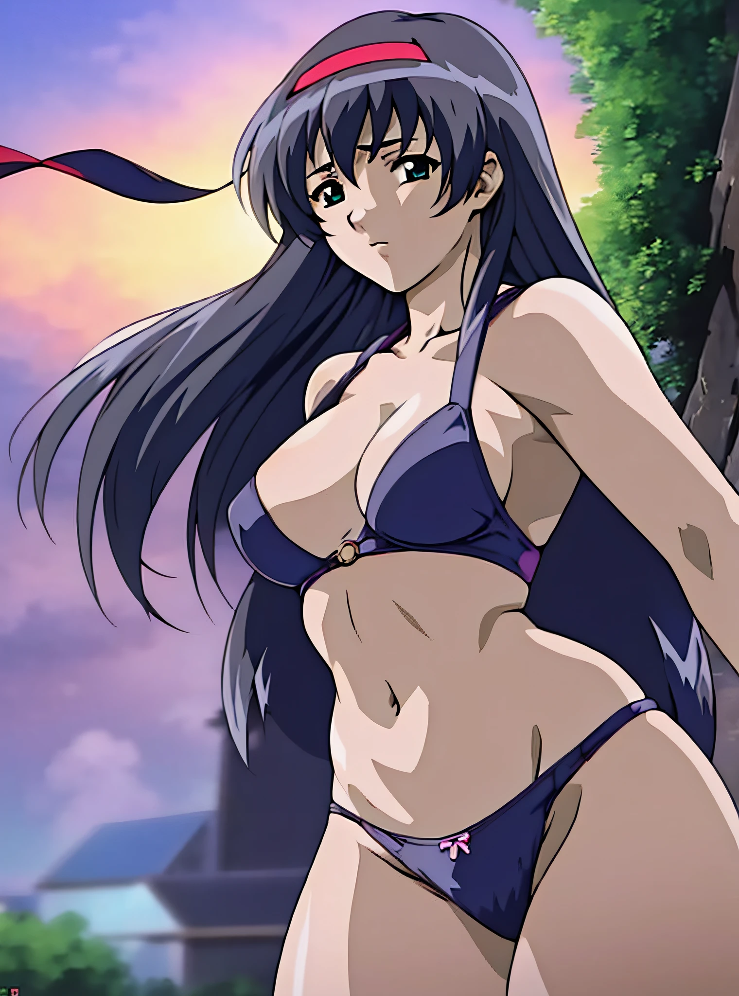 (Masterpiece: 1.0), (Best Quality: 1.0), Ultra High Resolution, 4K, Ultra Detail, Photo, 8K, HDR, Hi-Res, (Sun: 1.7), Outdoor, Sea, Beach, Blue Sky, White Clouds, Sand, Open Sand, Standing Shyly, Standing on the Beach, Posture with Emphasis on the Lower Abdomen, Erotic Anime, Bewitching Stance, Red Bra, Red Panties, Black Neeso, Garter Belt, Clothes Lift, Navel, Breast , bewitching underwear with golden details, white knee socks, navel, lower abdomen, groin, red_hairband,black hair, long hair, green eyes, side hair, straight, V bang, 1 girl, 20 years old, young woman, beautiful fingers, beautiful long legs, beautiful body, beautiful nose, beautiful character design, perfect eyes, perfect face, Look at the viewer, (innocent_big_ eyes:1.0), (expressionless:1.3), NSFW, official art, highly detailed CG Unity 8k wallpaper, perfect lighting, colorful, Bright_Front_face_Lighting, absurdity: 1.2, Kodak portra 400, film grain, blurry background, bokeh: 1.2, lens flare, (vibrant_color :1.2) (beautiful, large breasts: 1.4), (beautiful face: 1.5), (narrow waist),