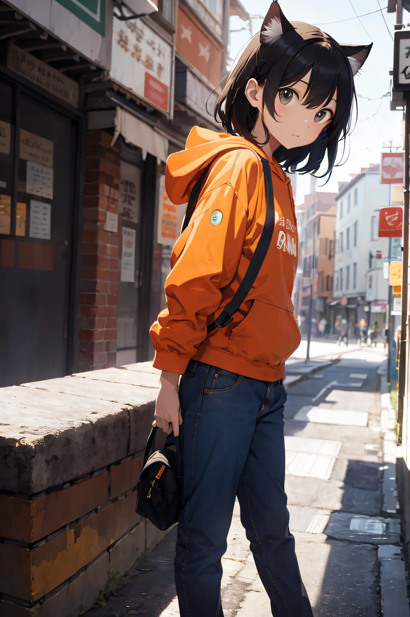Masterpiece, Flat Background, No Background, Full Body, Standing, Cat Eared Girl 1, Solo, Cute, Extra Large Orange Hoodie, Seven-Minute Pants, 50mm Portrait, Delicate Face, Semi-Realistic, Sharp Focus, Super Detail, Absurdity, Depth of Field, Neon