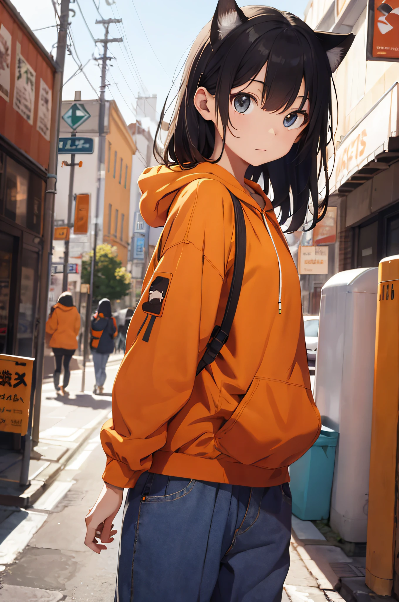 Masterpiece, Flat Background, No Background, Full Body, Standing, Cat Eared Girl 1, Solo, Cute, Extra Large Orange Hoodie, Seven-Minute Pants, 50mm Portrait, Delicate Face, Semi-Realistic, Sharp Focus, Super Detail, Absurdity, Depth of Field, Neon