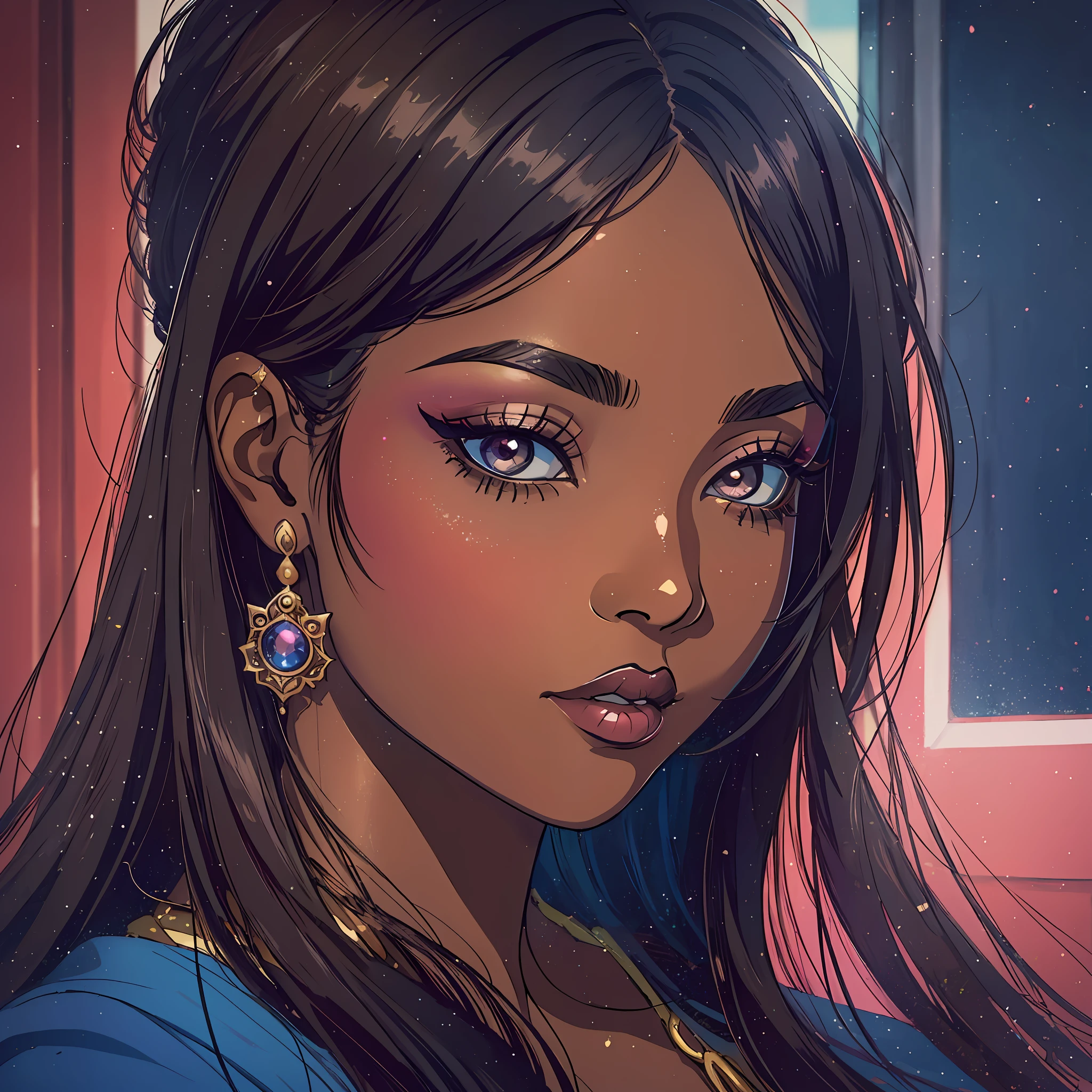 (a young woman:1.2)| (a girl:1.1), dark skin, portrait, makeup, super detailed, feminist art style, city, direct look, contoured.