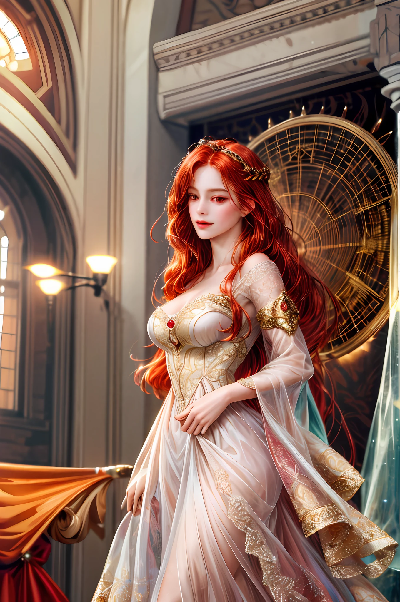 ( High quality , ultra detailed to hand )Zodiac - Aries goddess , similar to latin goodness , Brave ,willful ,productive ,enterprising and humanitarian face , sunset reddish hair , long hair , transparent dress , in the ballroom with partner , high difference , whole body , crystal red eyes(eye detailed ),