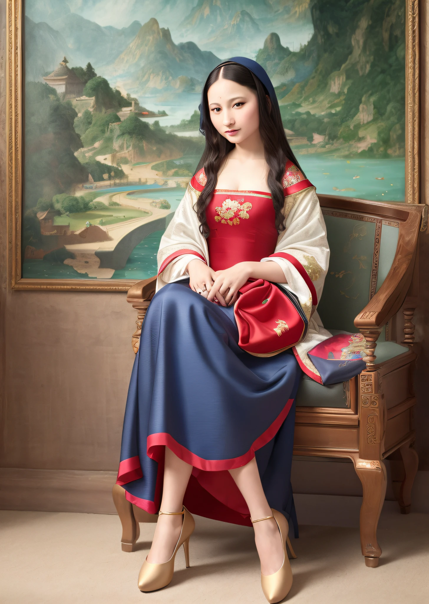Mona Lisa dressed in Chinese Tang costume, gentle expression, full body portrait, shoes, catwalk, masterpiece, highest quality, high quality, highly detailed CG unit 8k wallpaper, award winning photo, bokeh, depth of field, HDR, flood, chromatic aberration, realistic, very detailed, art station trend, CGsociety trend, complex, high detail, dramatic, midway art, volumetric lighting