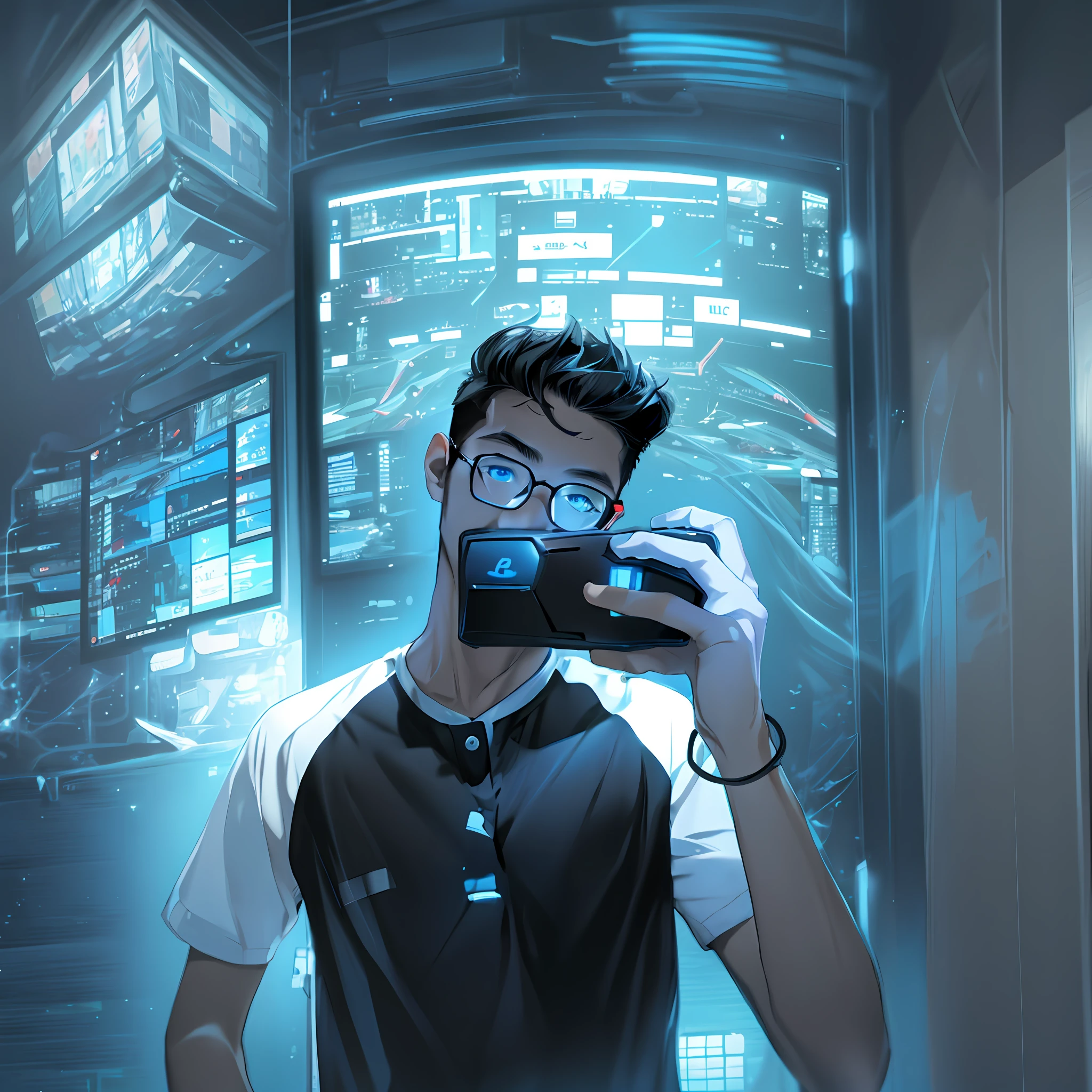 Best quality: 1.0), (Super High Resolution: 1.0), Anime boy, short black hair, blue eyes, sitting in front of computer playing games, background in esports room,