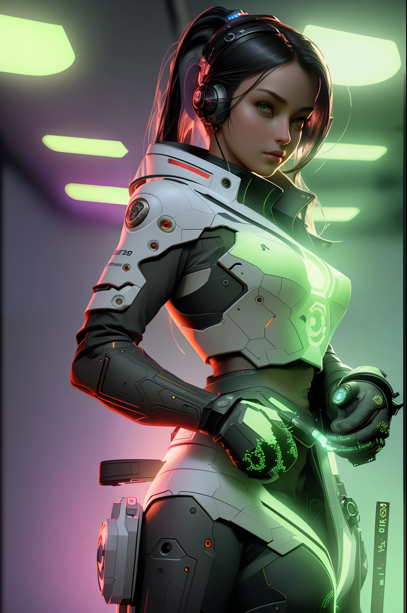 (Best Quality), ((Masterpiece), (Detail: 1.4), 3D, A Beautiful Cyberpunk Female Image with Two Guns, HDR (High Dynamic Range), Ray Tracing, NVIDIA RTX, Super-Resolution, Unreal 5, Subsurface Scattering, PBR Texture, Post Processing, Anisotropic Filtering, Depth of Field, Maximum Sharpness and Clarity, Multi-layer Textures, Albedo and Highlight Maps, Surface Shading, Accurate simulation of light-material interactions, perfect proportions, Octane Render, two-color light, large aperture, low ISO, white balance, rule of thirds, 8K RAW,