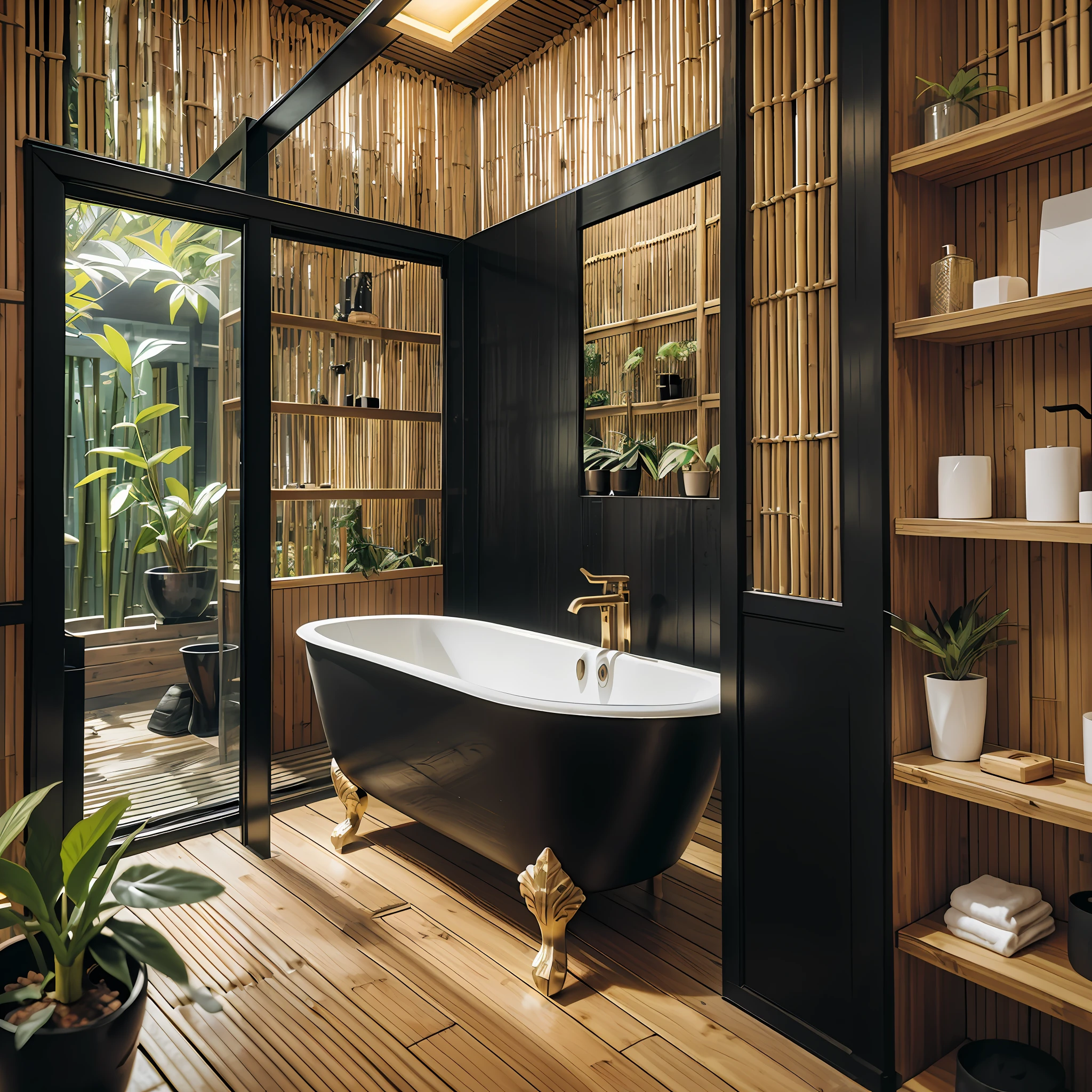Bathroom, black floor, wooden walls, yellow lights, a wall decorated with bamboo, a large bathtub, clad in wood, tall plant pots, black towels, a large mirror with a sink,