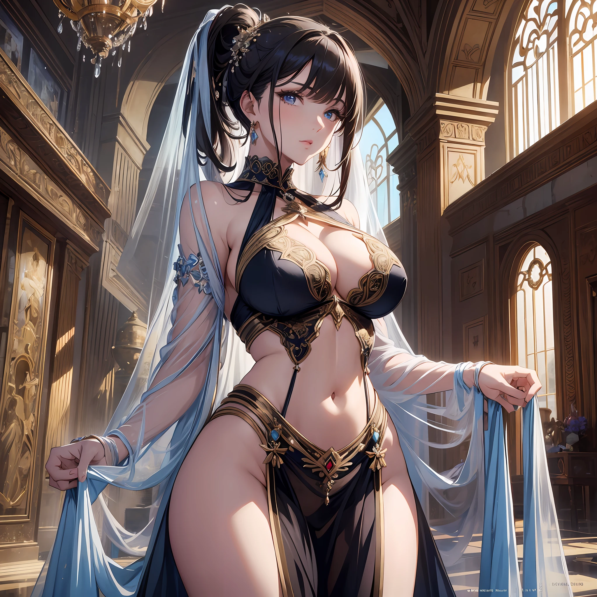 best quality, masterpiece, absurdres, low angle shot, western, European, Greek fantasy, Greek mythology, 1girl, solo, eye candy, perfect female anatomy, super beautiful, elegant, sexy, detailed beautiful face, smooth skin, nice figure, nice proportions, sexy stunning body, detailed eyes, fine details, big boobs, cleavage, seductive, bare shoulders, long ponytail, bangs, sensual, attractive, wearing a luxurious sheer halter neck vibrant color party dress, deep plunging, translucent robes, jewelry, reflections, ultra fine details, indoors, grand hall, luxurious, expensive, royalty, queen, cinematic, goddess