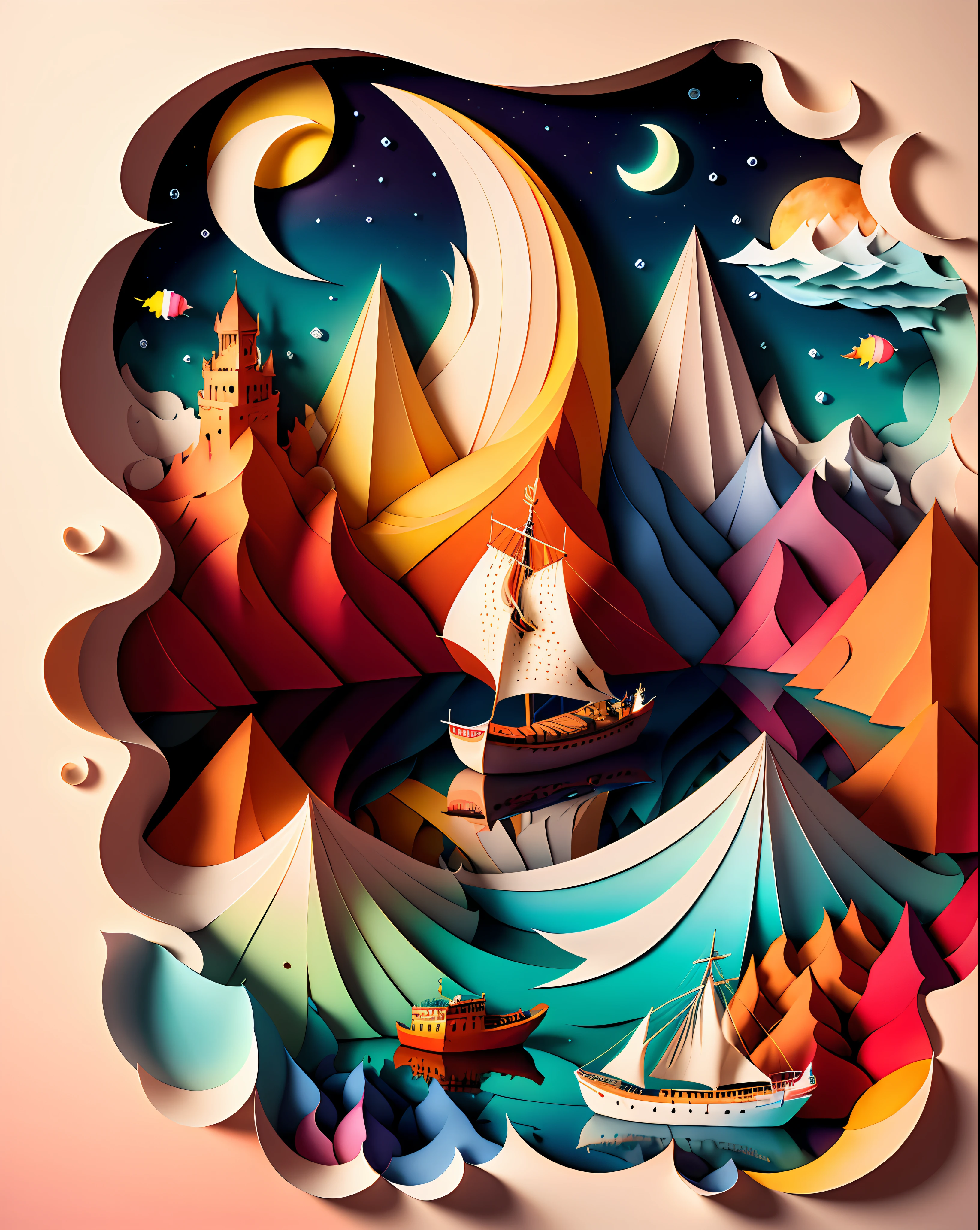 Softlight,(warm color:1.2),Water color painting,light background,best quality exquisite details,3d rendering,Octane render,pastel, Moon, boat, sea, storm,(paper_cut:1.15),