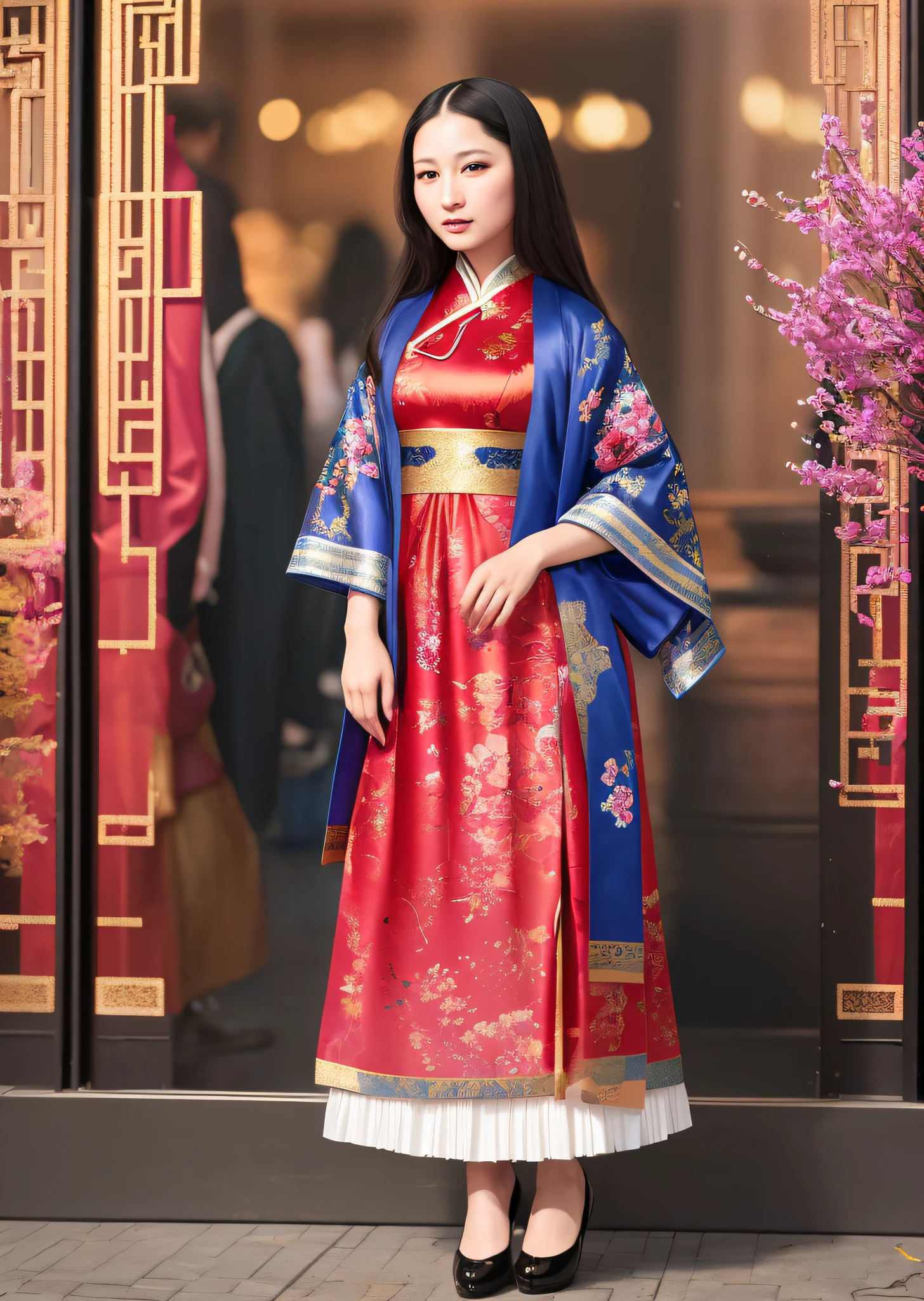 Mona Lisa dressed in Chinese folk costume, gentle expression, full body portrait, shoes, catwalk, masterpiece, highest quality, high quality, highly detailed CG unit 8k wallpaper, award winning photo, bokeh, depth of field, HDR, flood, chromatic aberration, realistic, very detailed, art station trend, CGsociety trend, complex, high detail, dramatic, midway art, volumetric lighting